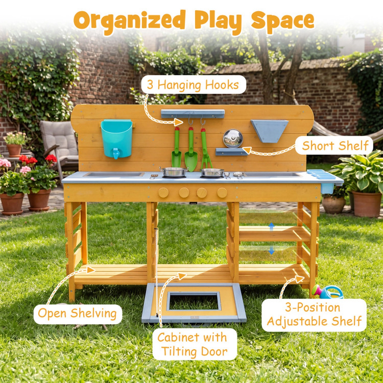 SUGIFT Natural 2 Sinks 4 Stoves Water Tank and 14 Accessories Kids Wooden Mud Kitchen