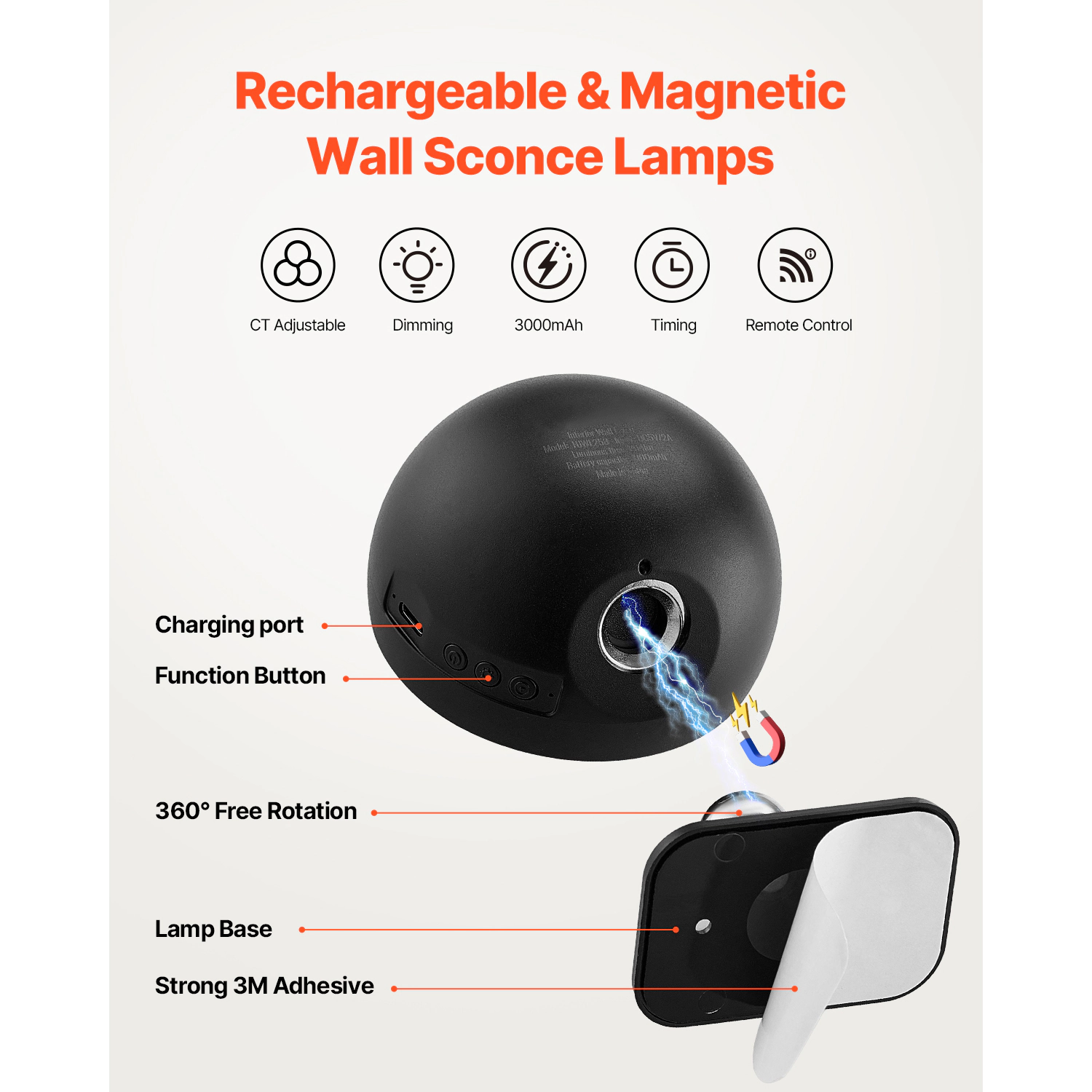 HONGGE Battery Operated Wall Rechargeable Wireless Lights with Remote Control & Timer Dimmable