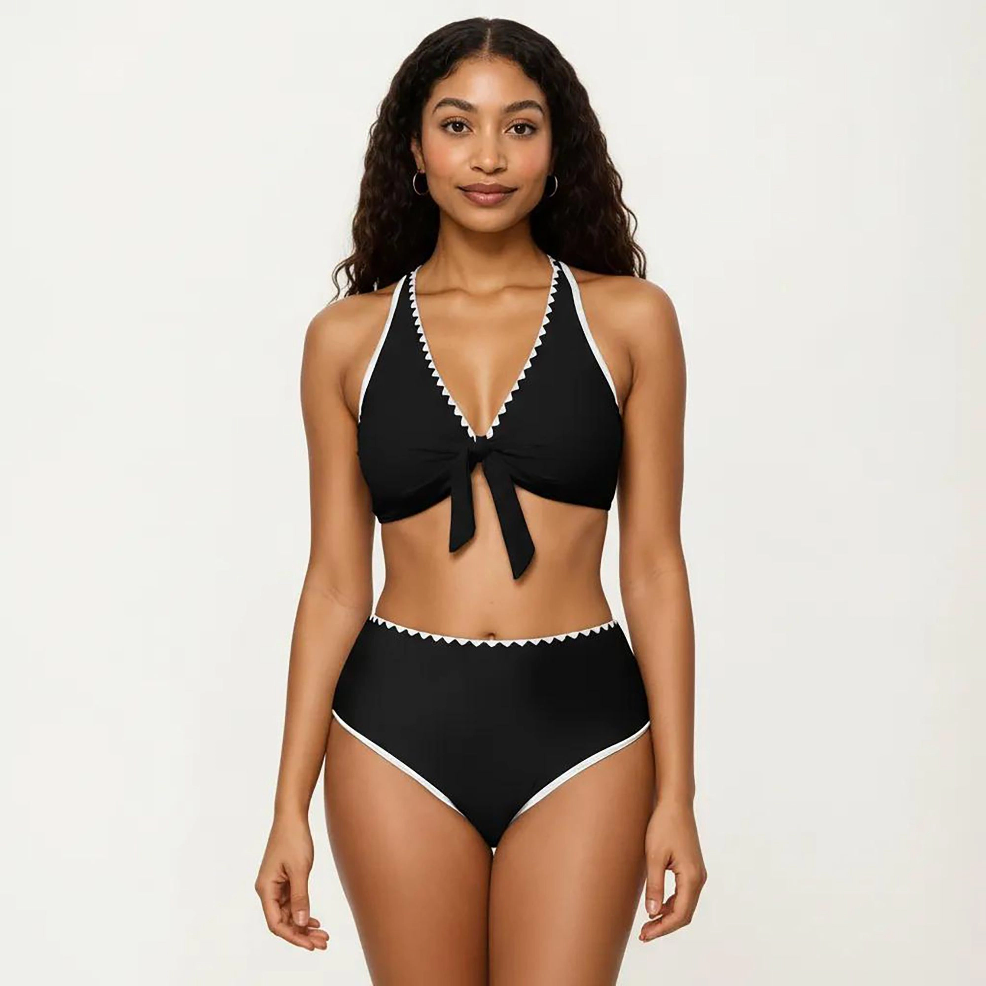 Anna-Kaci Women's 2-Piece Set Tie Front Bikini Top with Scalloped Trim and High-Waisted Bottom