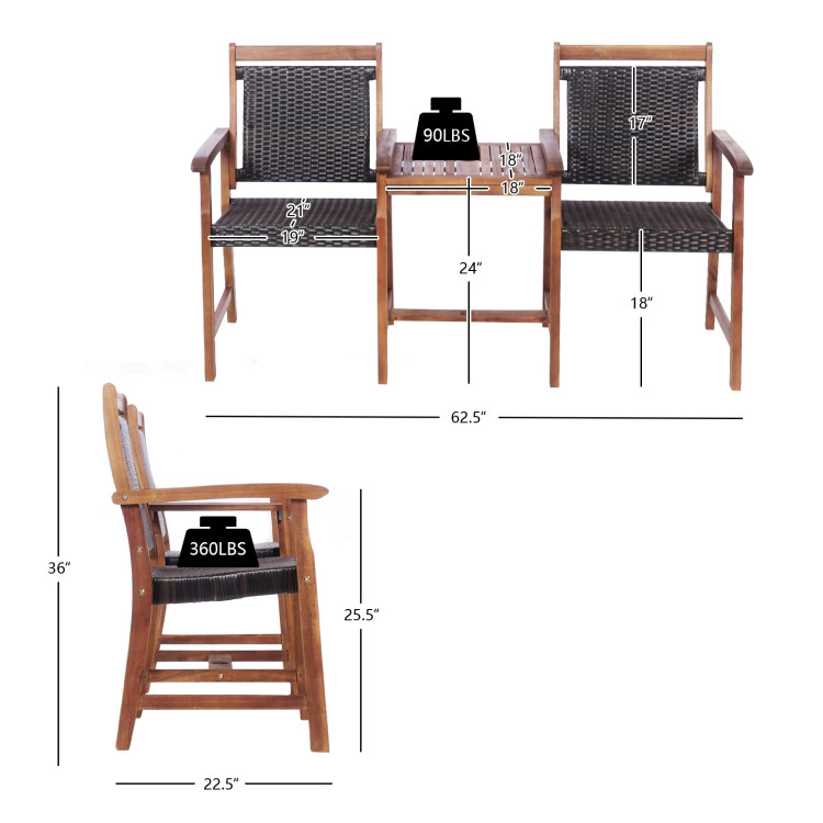 Hivvago 2-Seat Patio Rattan Acacia Wood Chair With Coffee Table