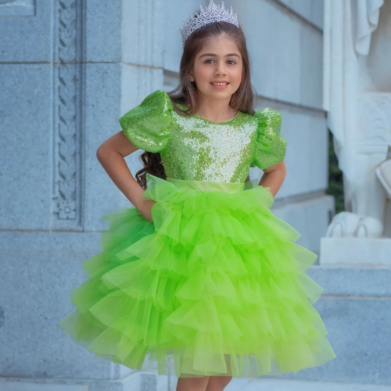 Faeella Girls Enchanted Lime Sequin Tulle Birthday Dress