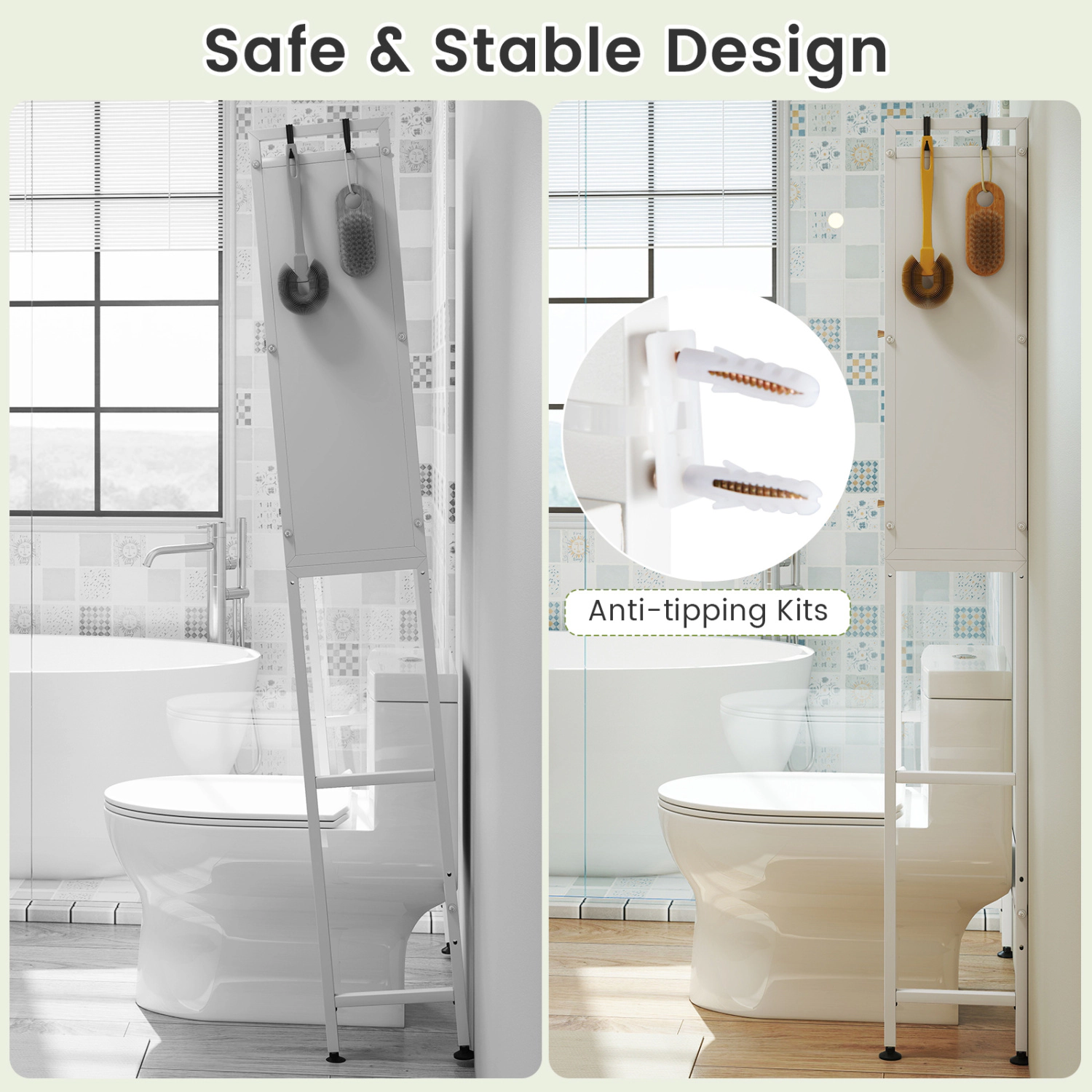SUGIFT Over the Toilet Storage Cabinet Bathroom Organizer with 2 Flip-Up Doors 4 Hooks and Anti-Tip Kits