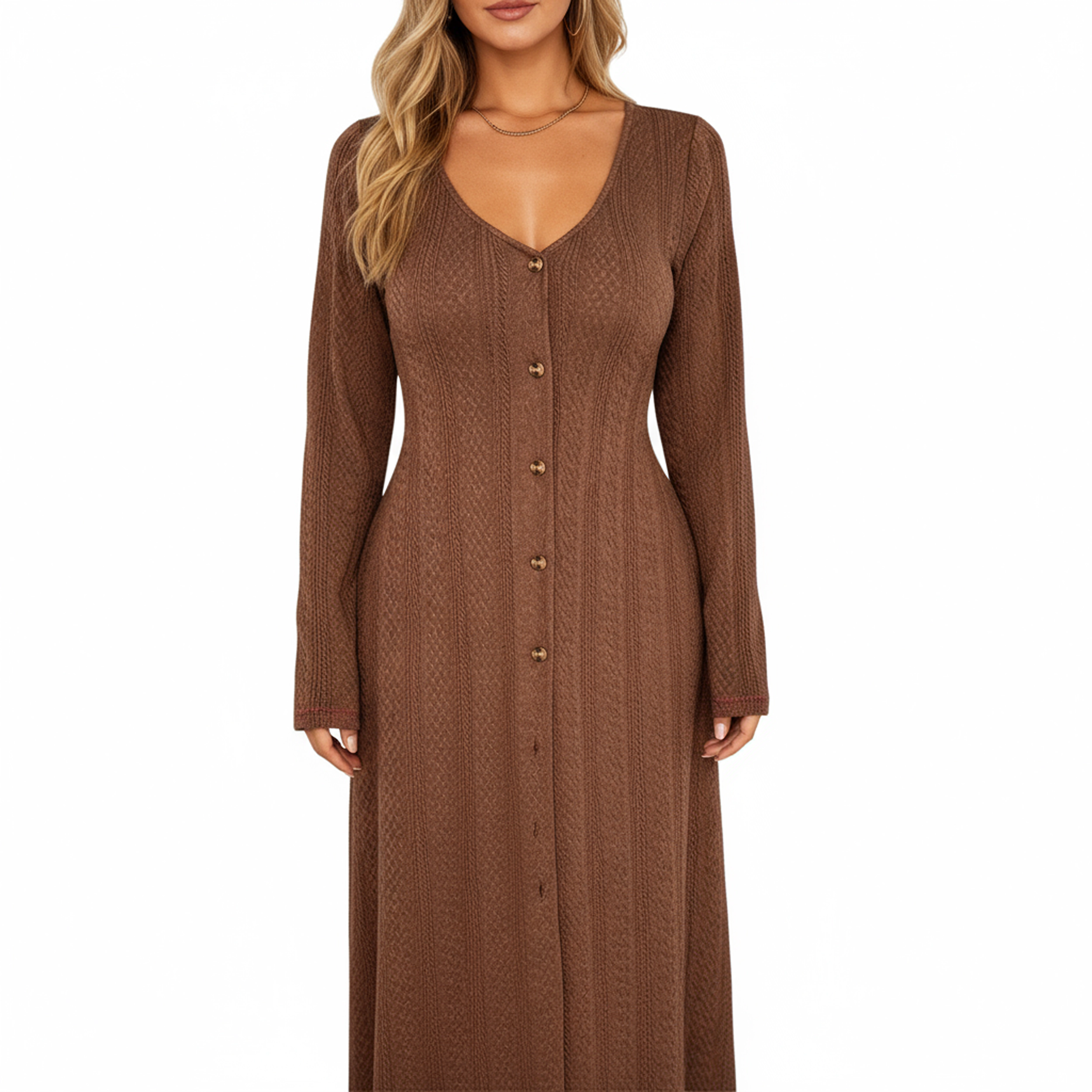 Anna-Kaci Women's Long Sleeve Button Front Deep V-Neck Side Slit Maxi Dress