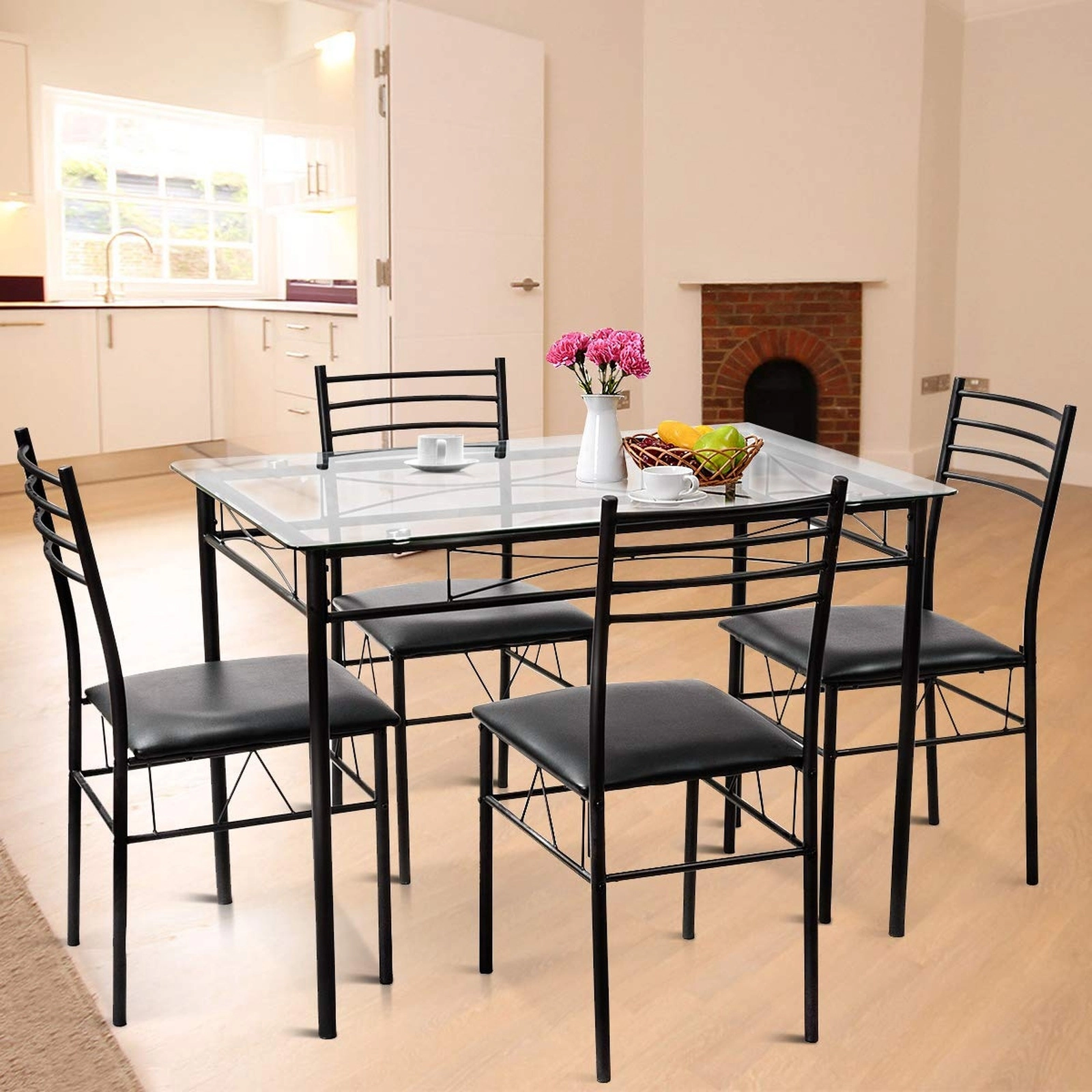 SUGIFT Tempered Glass Top 5-Piece Dining Set with Metal Frame Table 44-lb Capacity and 4 Upholstered Chairs