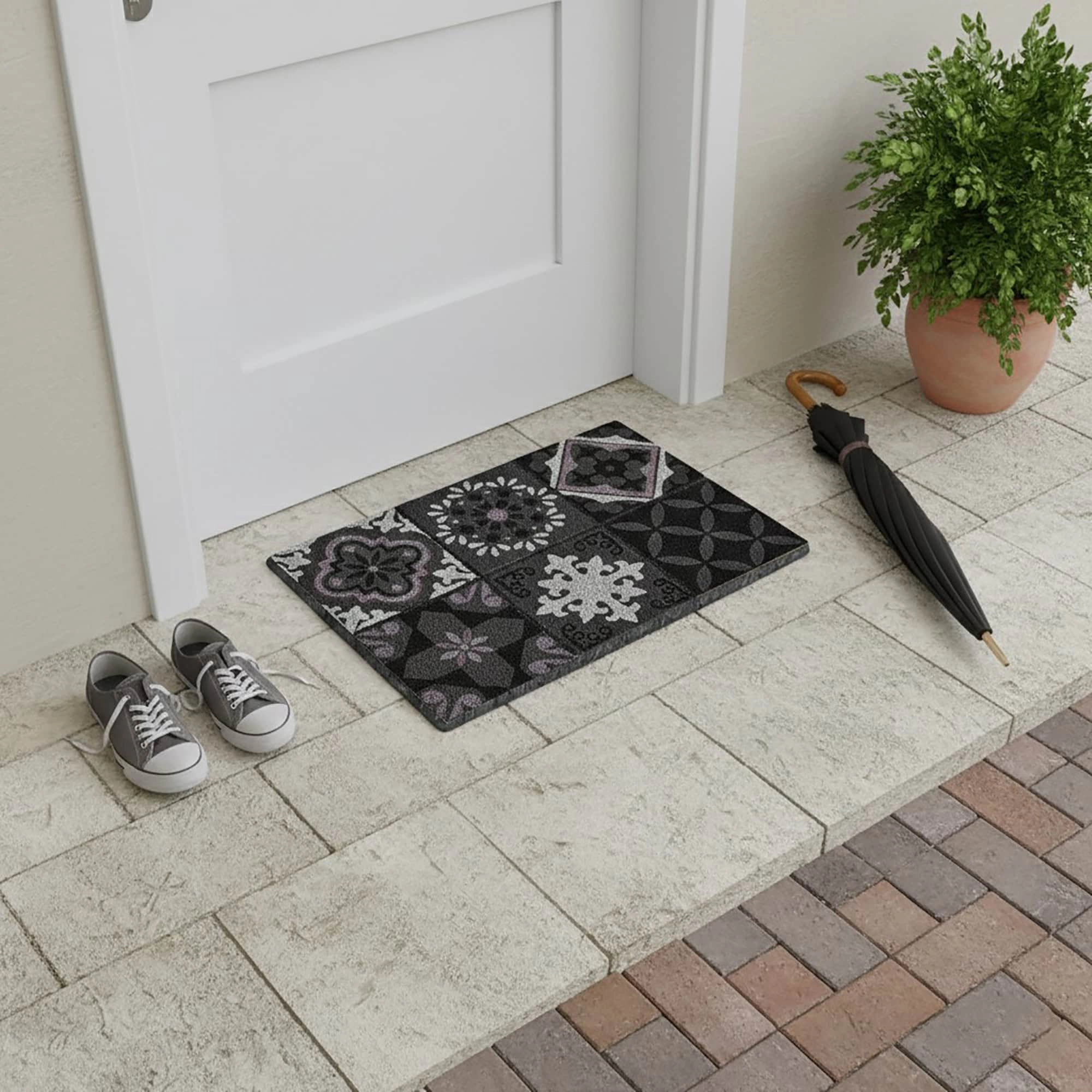 Evideco French Home Goods Gray Cement Tile Coir Doormat 24 x 16 Inches