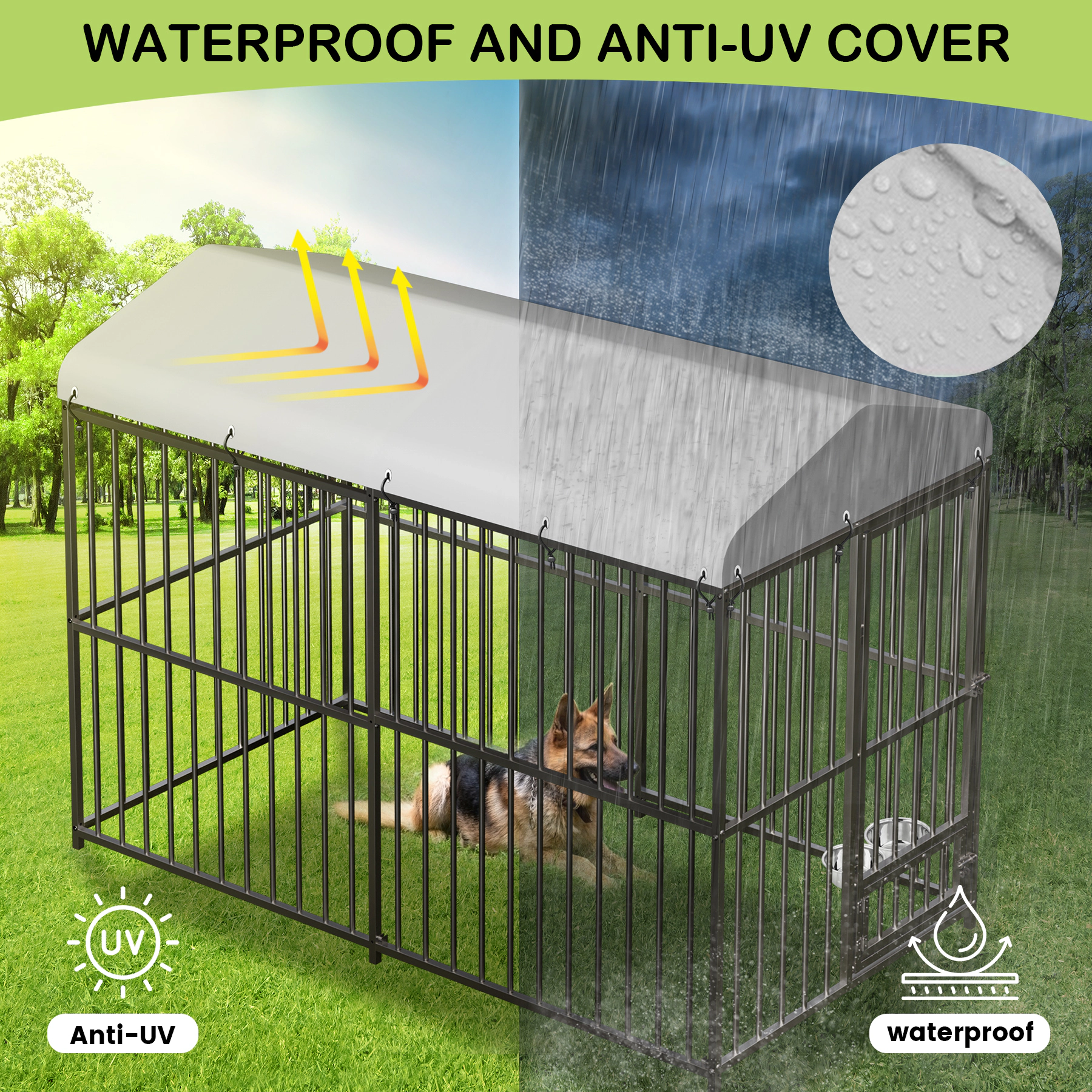 8x4x6 FT Outdoor Dog Kennel, Metal Pet Cage with Lock & Waterproof Roof for Medium Dogs