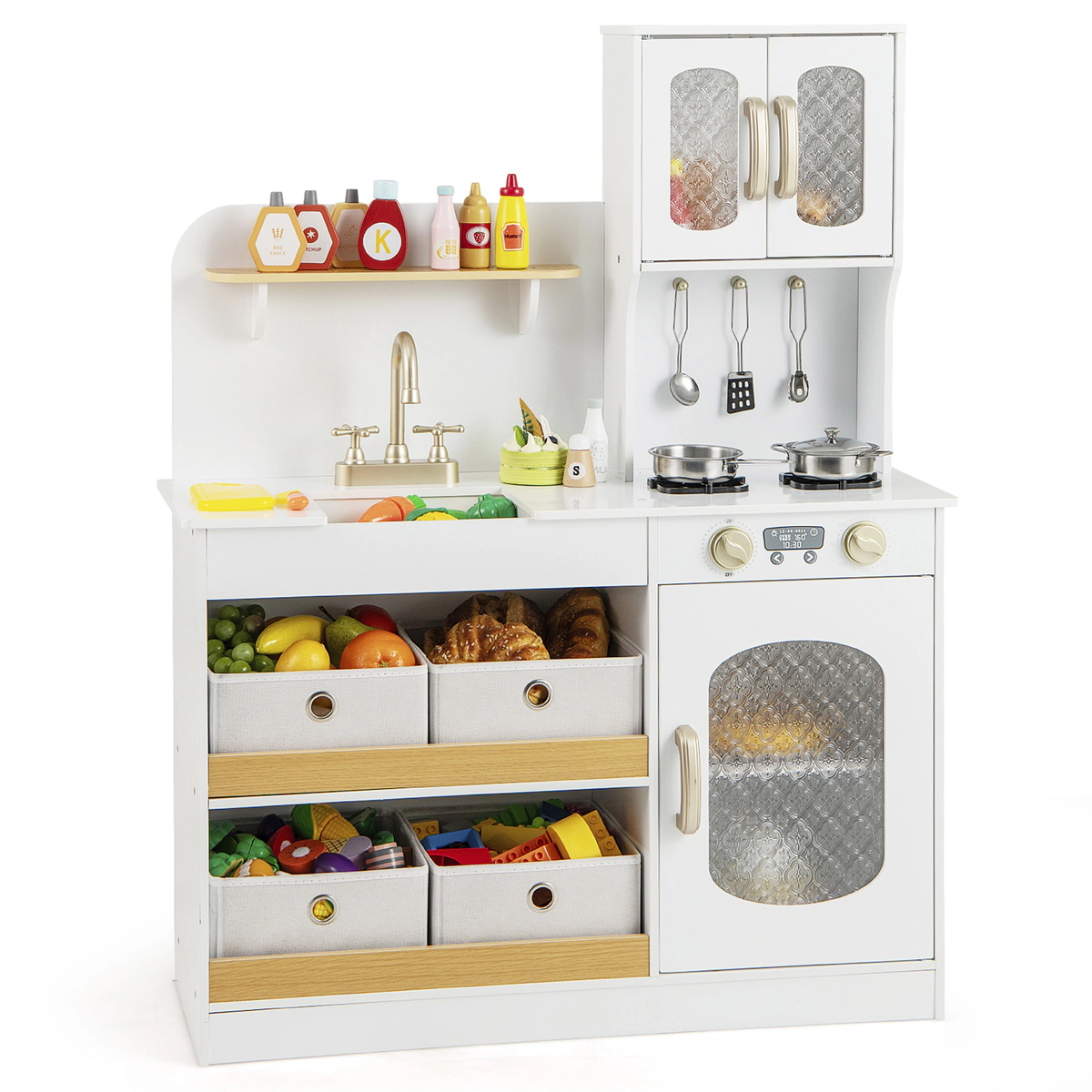 SUGIFT Kids Kitchen Playset with Cooking Accessories and Toy Cuttable Veggies 21.5-in Countertop Ages 3+ White