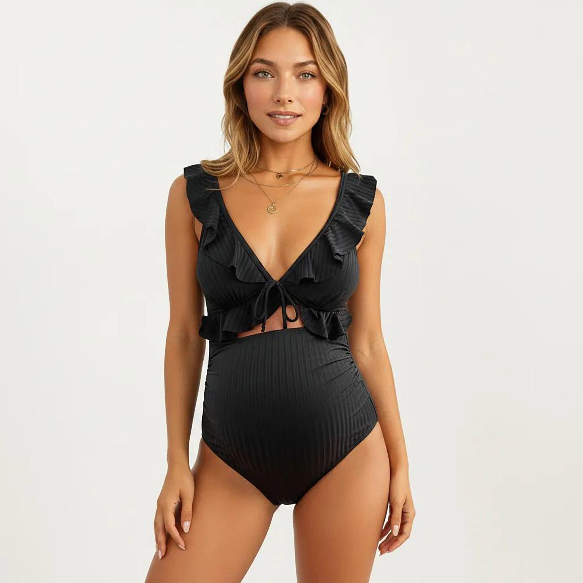 Anna-Kaci Women’s Maternity One-Piece Swimsuit - Ruffled Sleeves, Tie Front