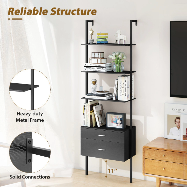 Hivvago 6-Tier Ladder Bookcase with 2 Drawers and Metal Frame
