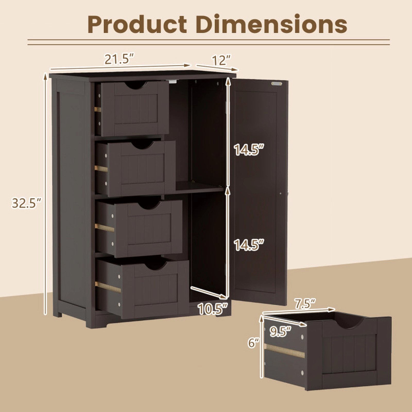 SUGIFT Brown 143-lb Capacity 4-Drawer Freestanding Wood Storage Cabinet with Side Door and Anti-Tip Kits