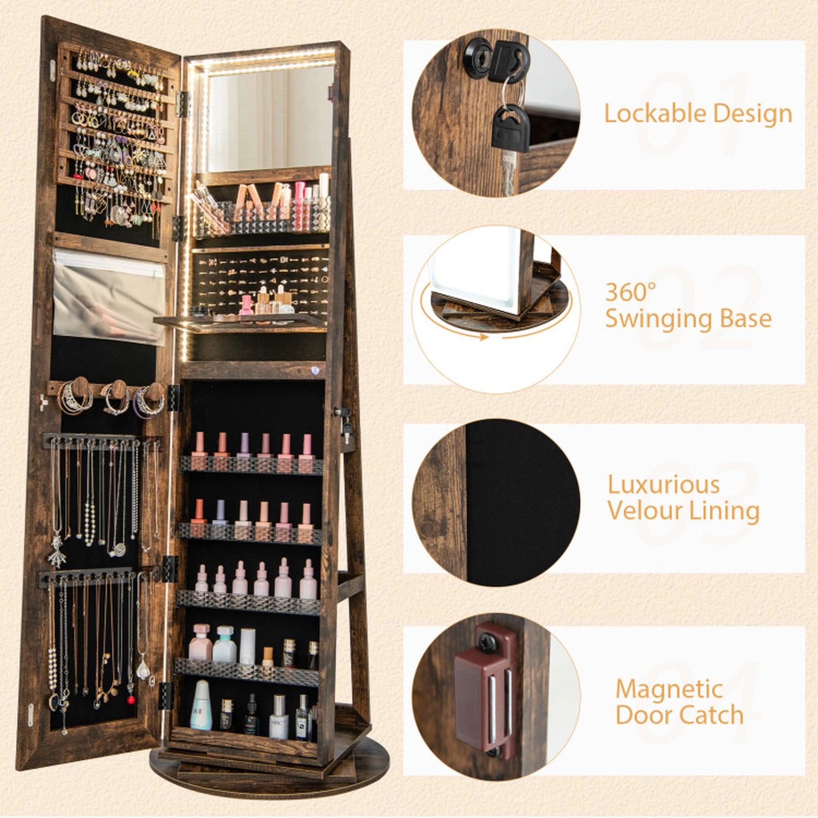 SUGIFT Standing Jewelry Cabinet Armoire LED Full-Length Mirror Makeup Mirror Rotating Base 21.5 x 21.5 x 63-in Coffee