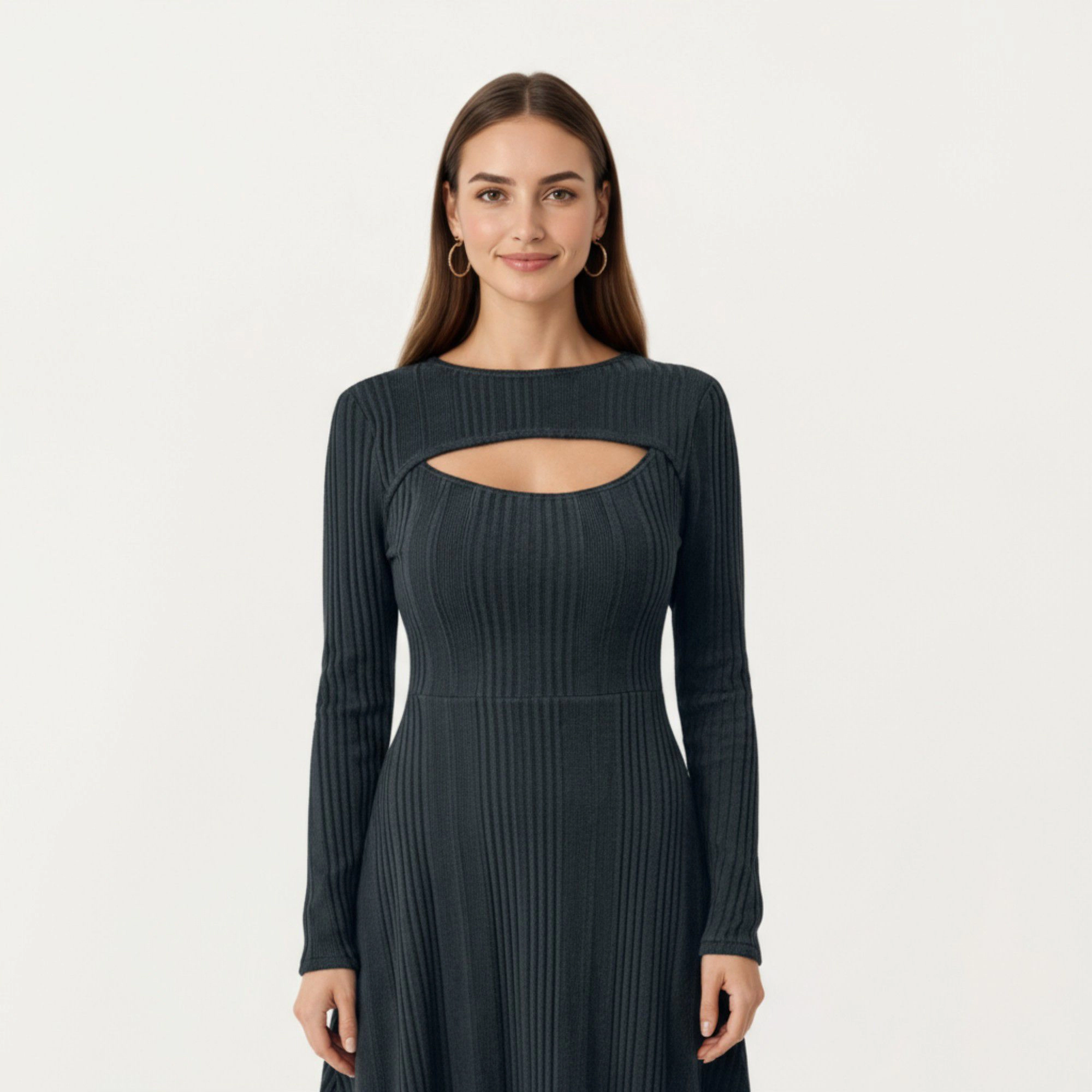 Anna-Kaci Womens Long Sleeve Ribbed Knit Midi Dress with Cutout Neckline