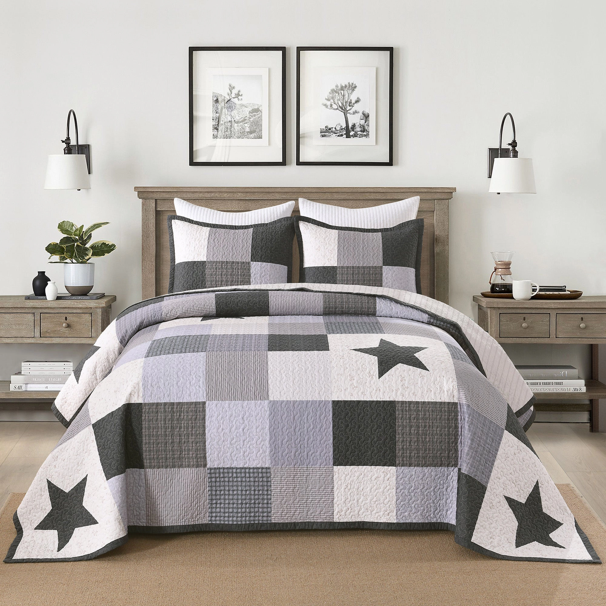 MarCielo 3 Piece 100% Cotton Star Quilt Set – Modern Checkered Bedspread Set