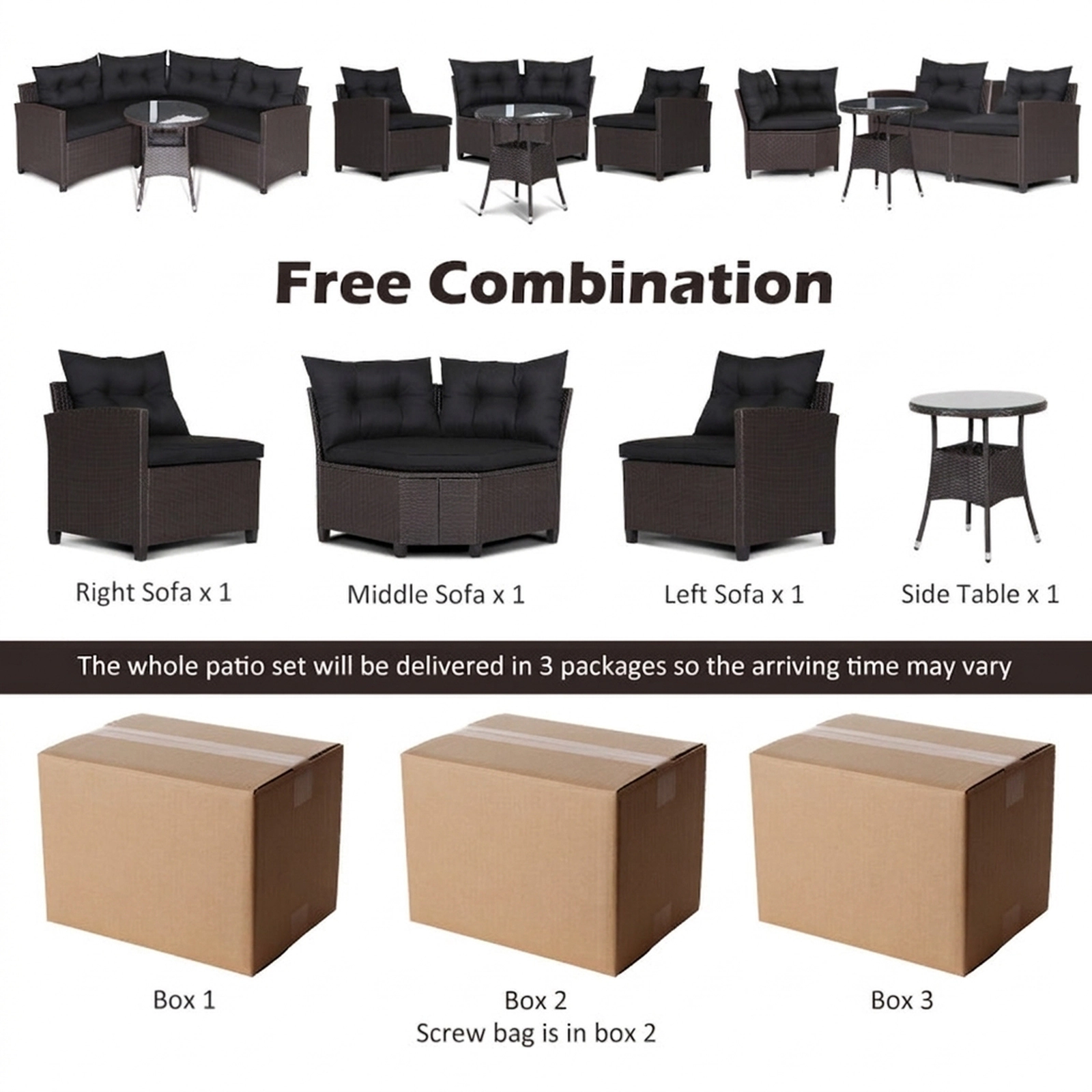 SUGIFT 4-Piece 400-lb Capacity Black Cushioned Rattan Outdoor Patio Sofa Set with Round Glass Coffee Table