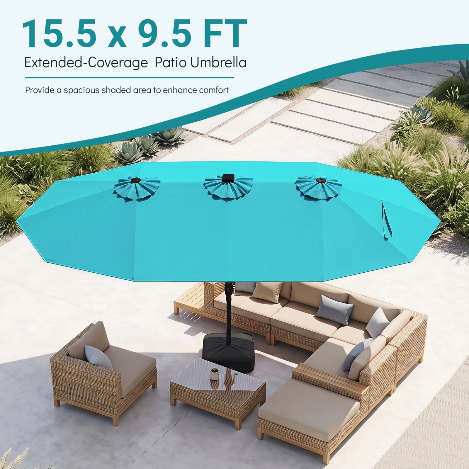 SUGIFT Extra-Large 15.5-ft Patio Umbrella with LED Lights and Base 12 Reinforced Ribs Turquoise