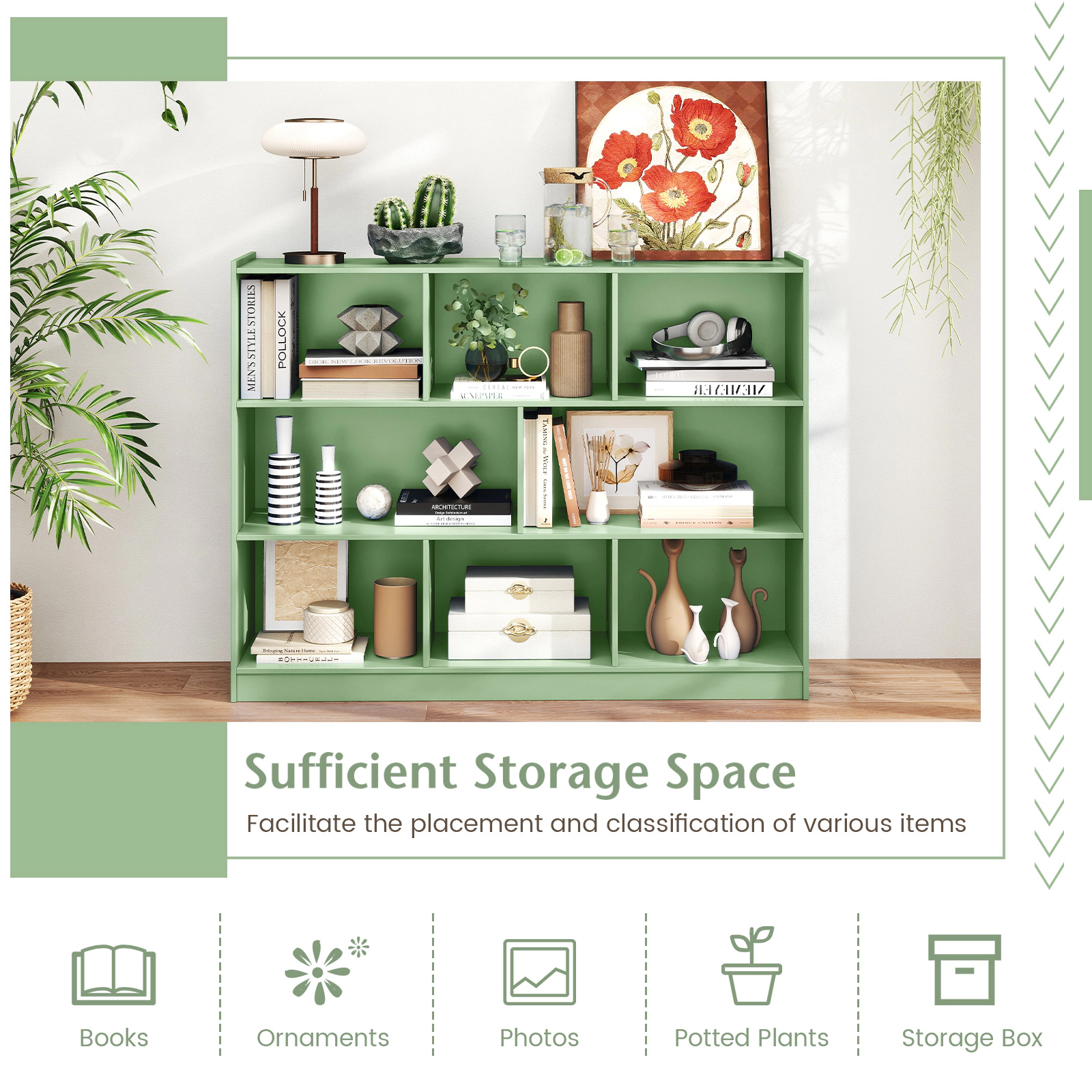 SUGIFT 3-Tier Open Bookcase with 8 Cubes and 132-lb Cabinet Top