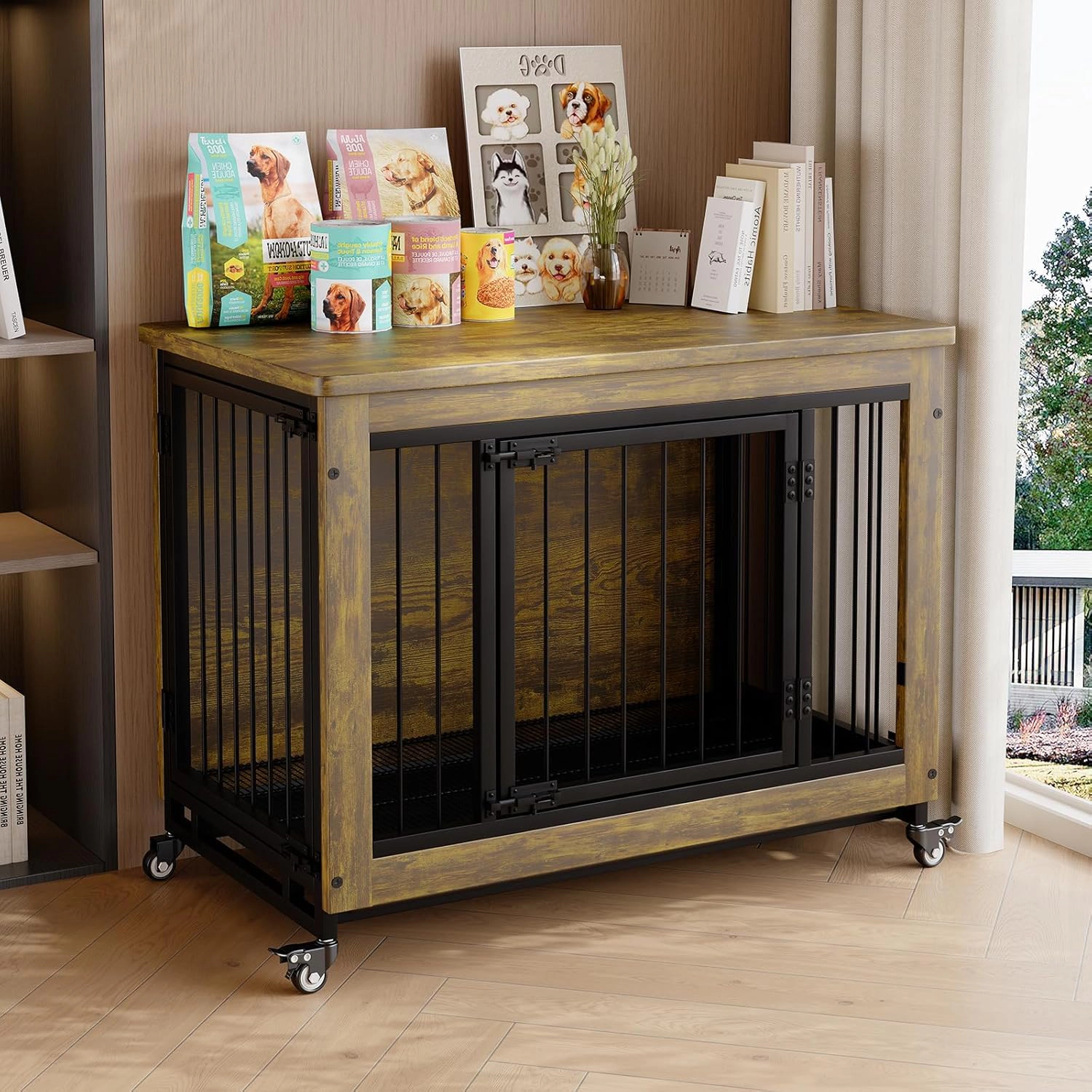 38.6" Rustic Wood Dog Crate Furniture with Pull-Out Tray, Wheels & 3 Doors, Heavy Duty Kennel Side Table