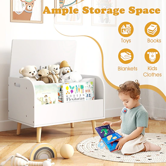 Hivvago Kids Toy Storage Bench With Front Bookshelf And 4 Wood Legs