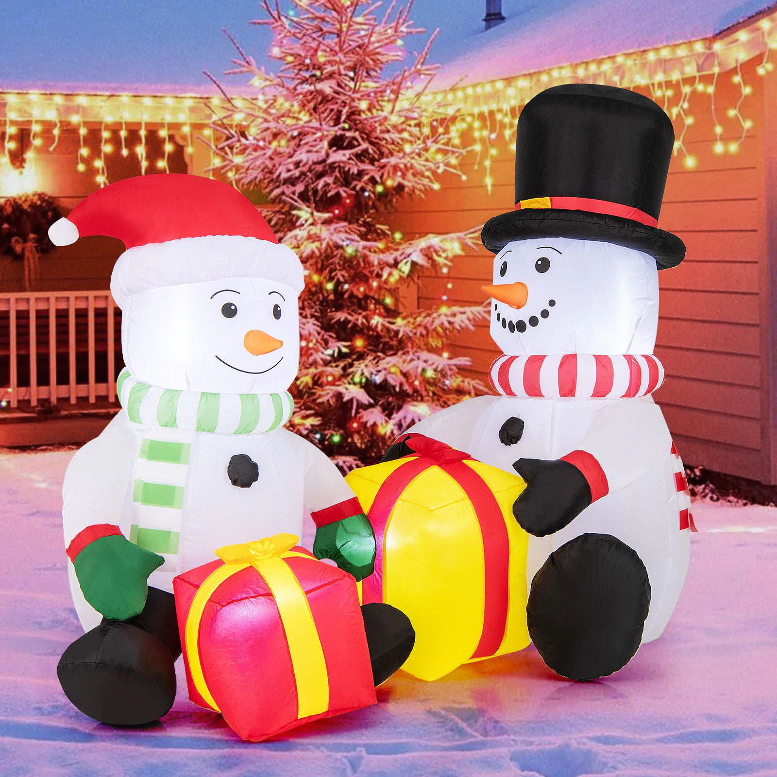 Glintex 5-Ft Inflatable Snowmen Pair with Gift Boxes and IP44 Protection, Multicolor