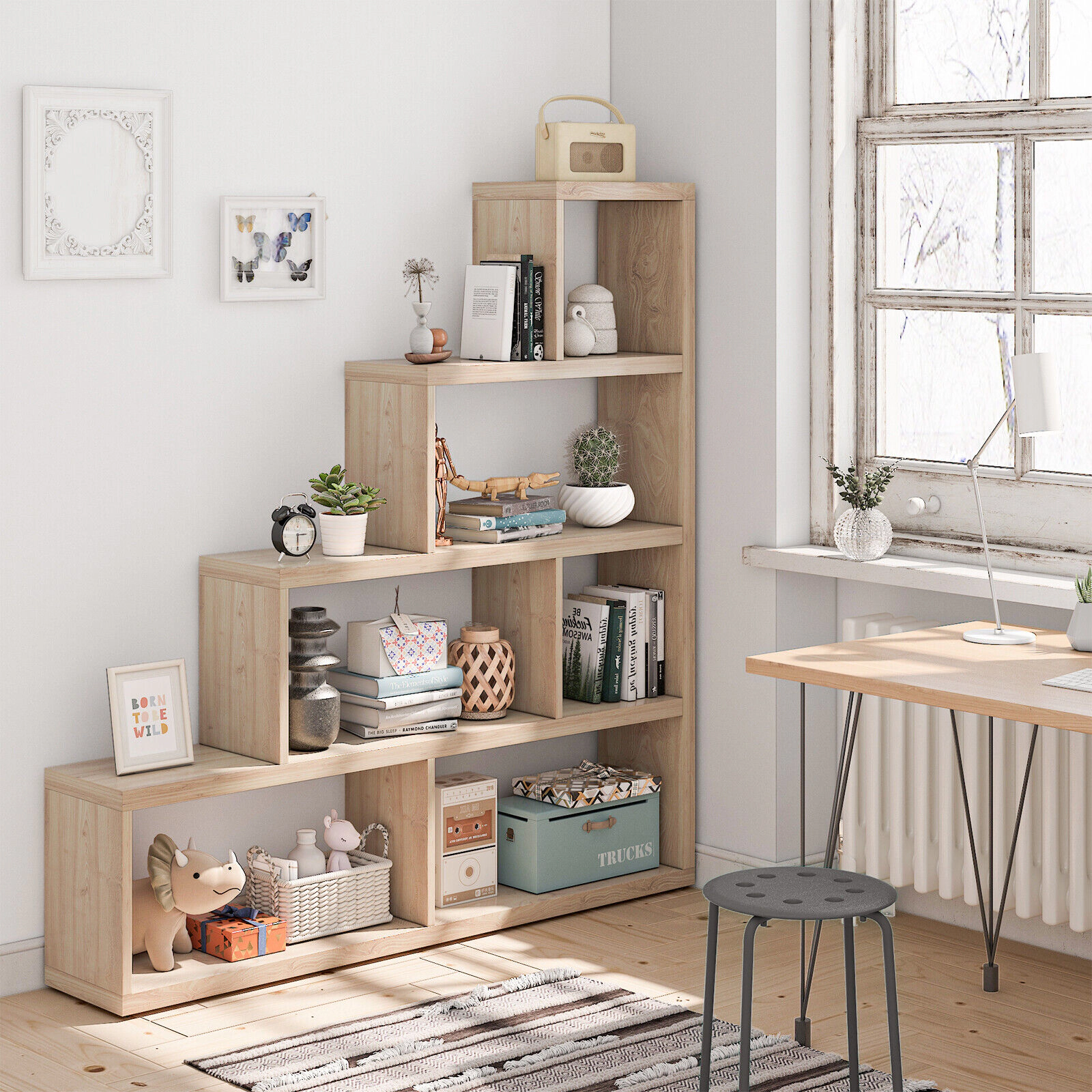 SUGIFT 4-Tier Geometric Stair Bookcase with 6 Open Cubes 400-lb Capacity Engineered Wood 60-in Tall Natural