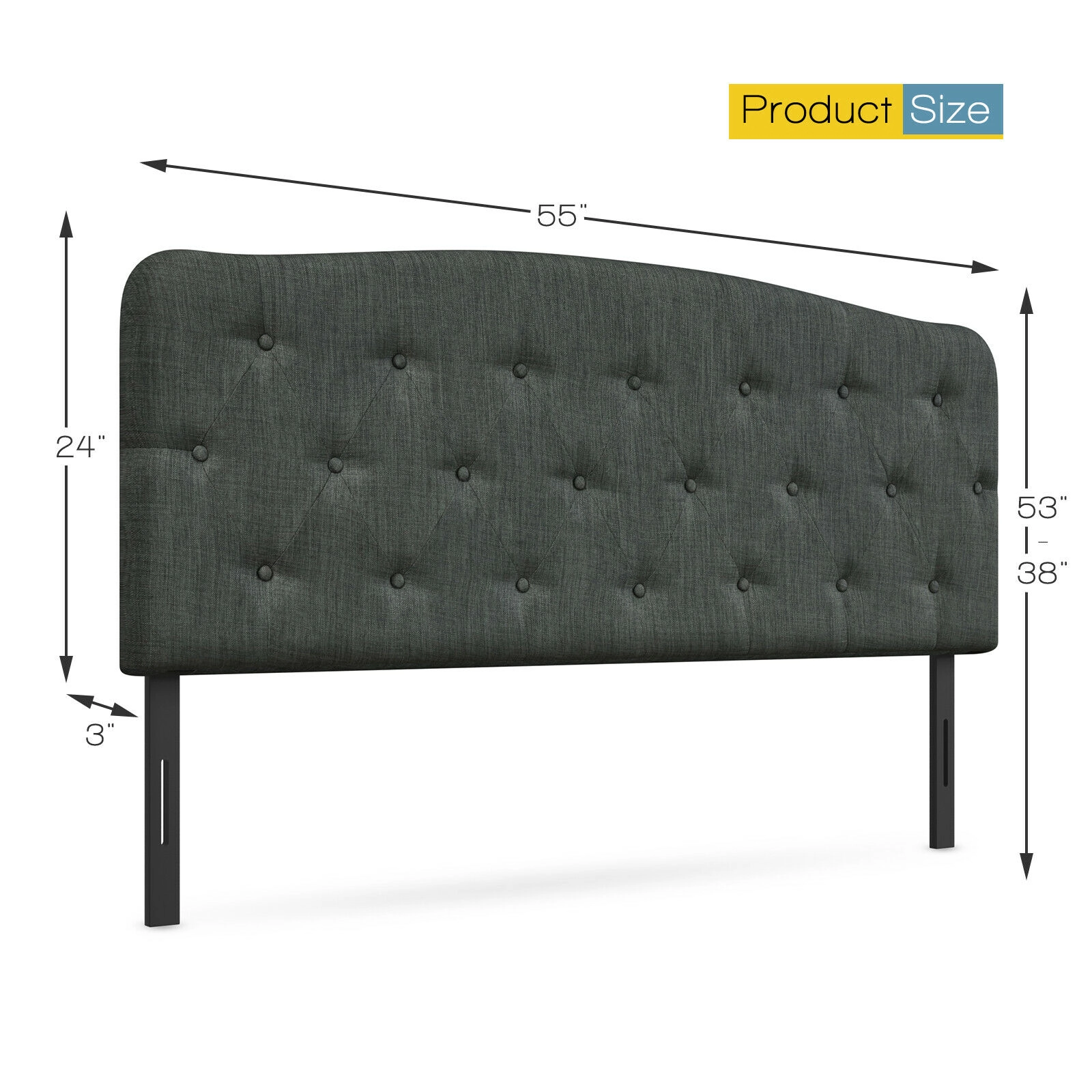 SUGIFT Full Size Button Tufted Faux Linen 2 Adjustable Heights Headboard 55-in x 3-in 38-in to 53-in Tall Dark Gray