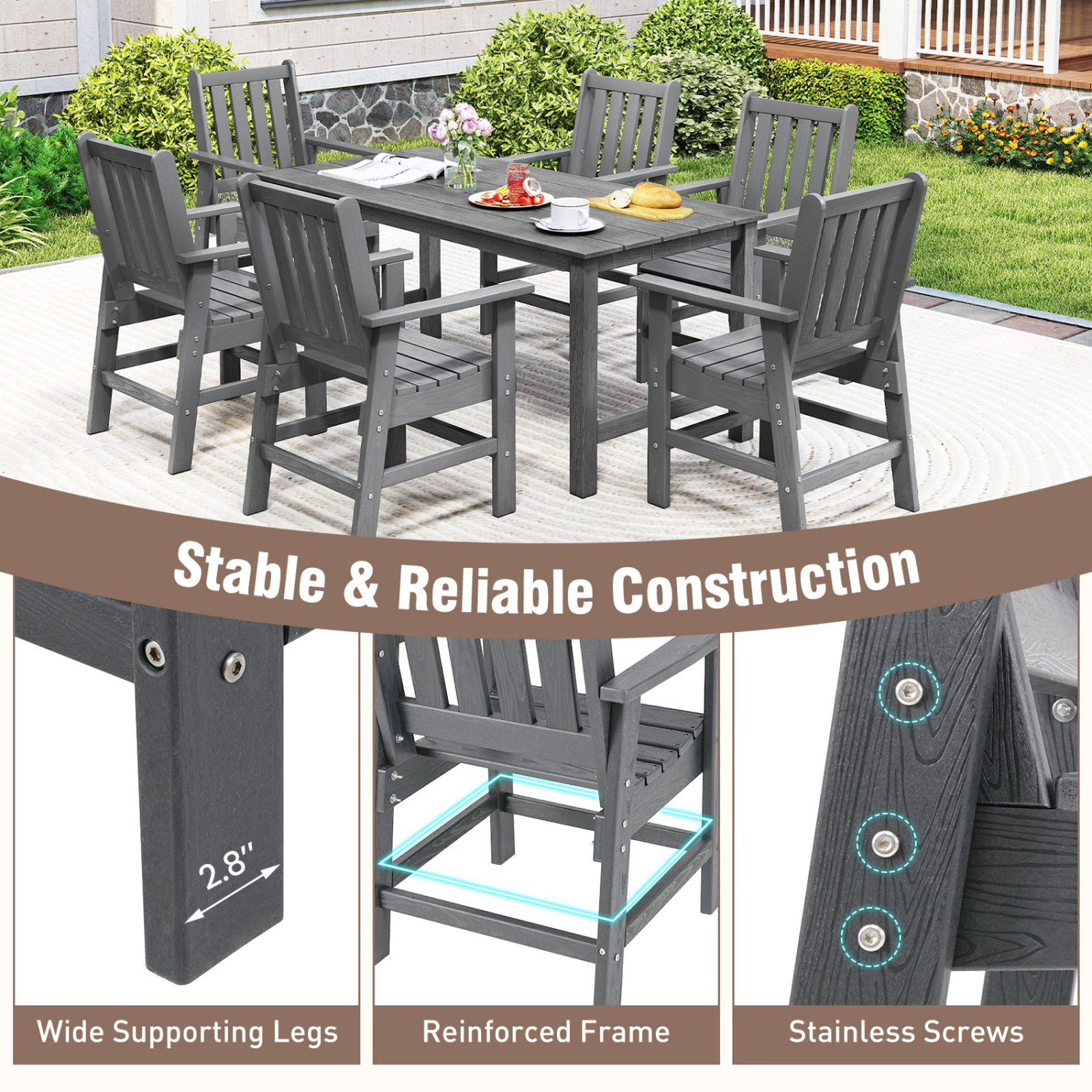 SUGIFT Set of 4 HDPE Outdoor Patio Dining Chairs with Wide Armrests