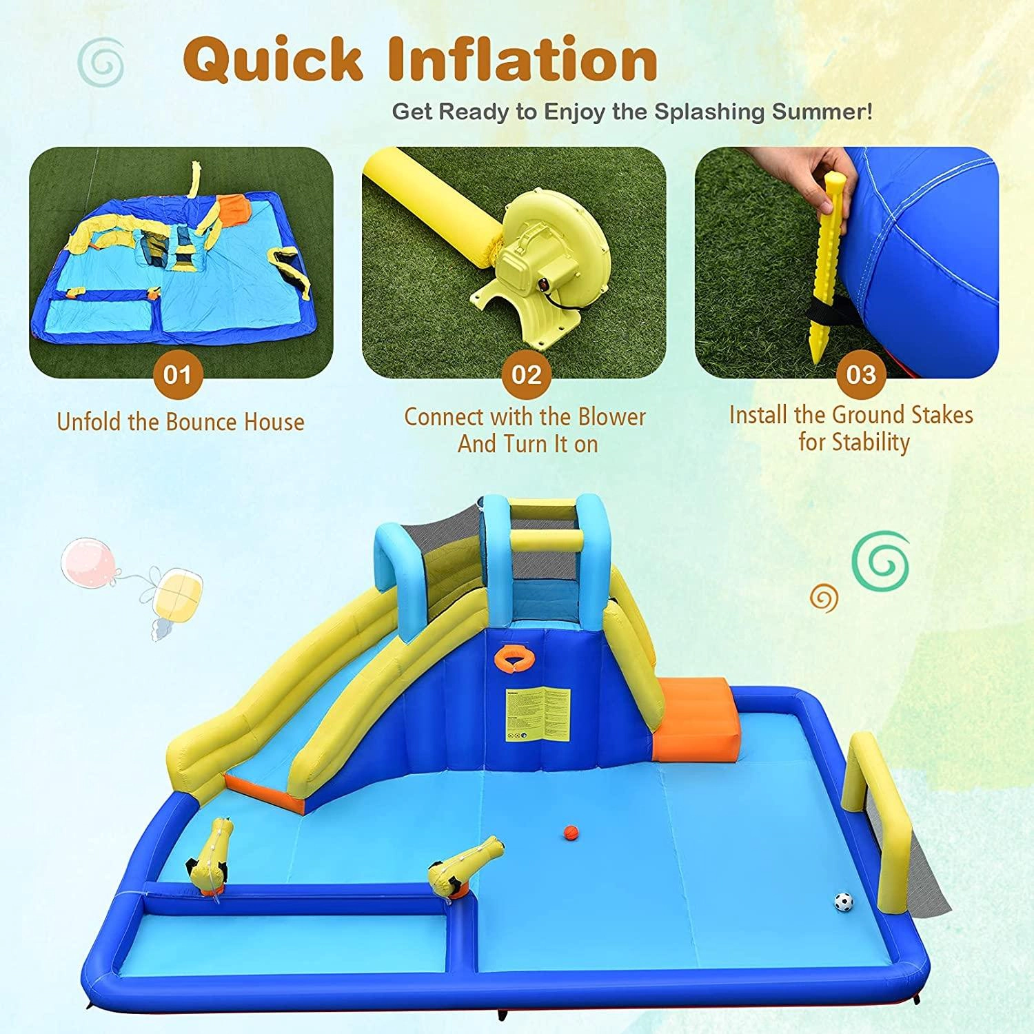 SUGIFT 6-in-1 Inflatable Water Slide Bounce House with Blower Basketball Hoop and Mesh Safety Walls