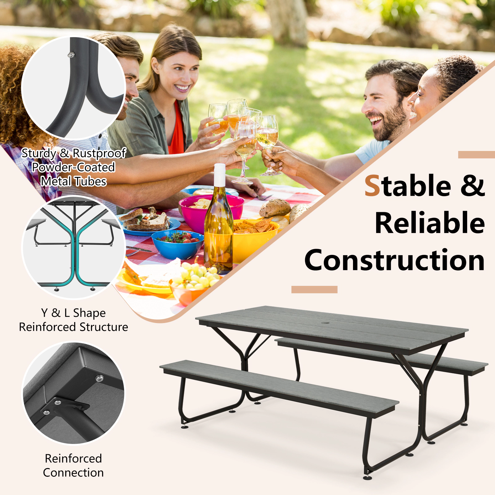 SUGIFT 6 ft Outdoor Picnic Table Bench Set Gray HDPE for 6-8 People with Metal Frame