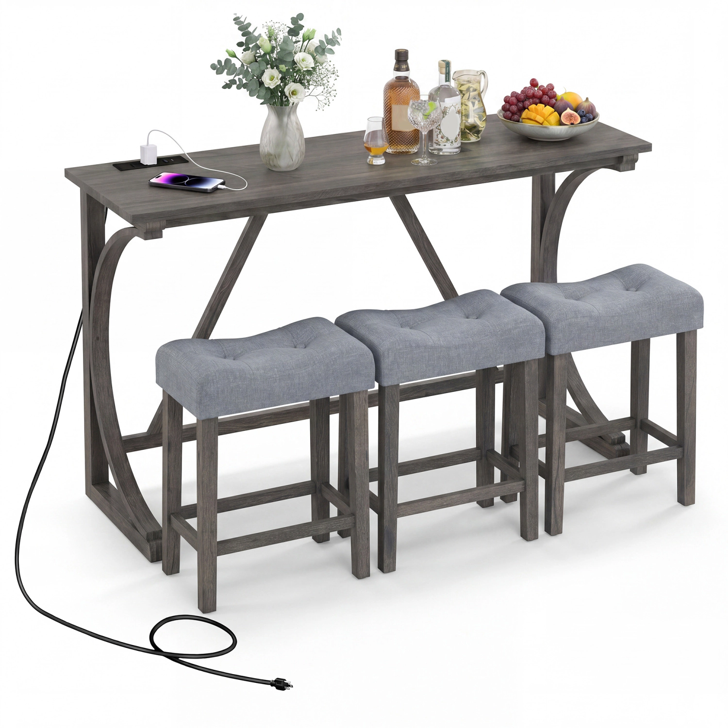 LJG 4-Piece Bar Table Set with Power Outlet and Upholstered Saddle Seat Stools