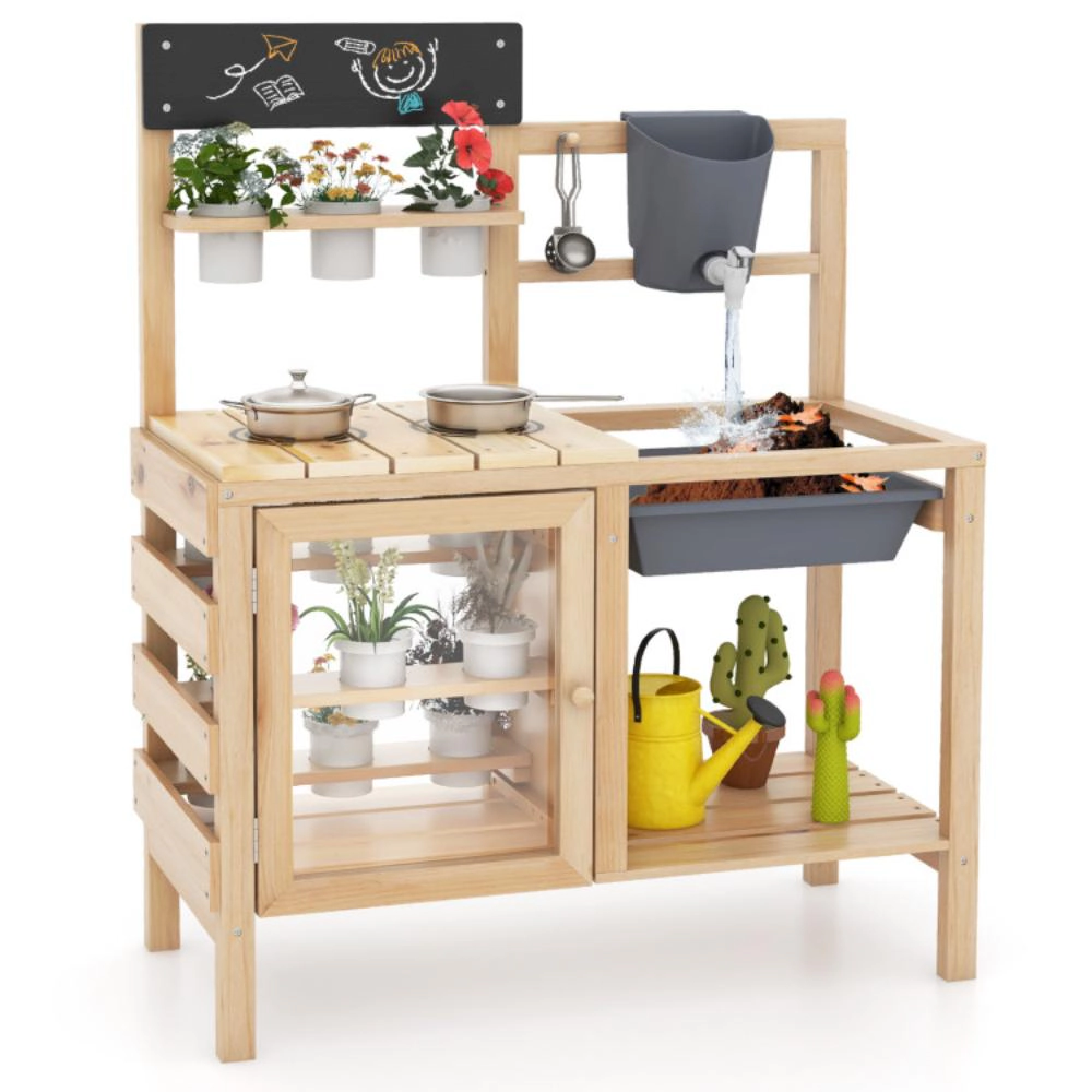 Hivvago Mud Kitchen Playset with Sink and Plants Observation Room-Natural