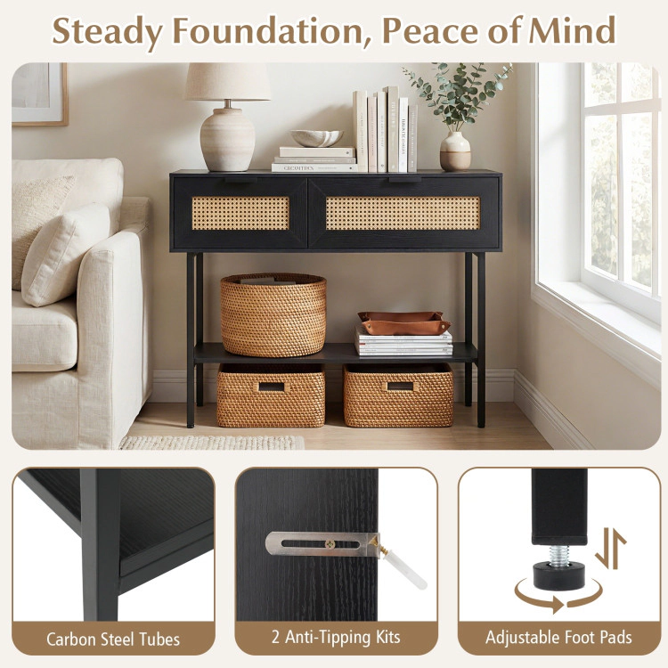 Hivvago Rattan Console Table With 2 Storage Cabinets Shelf Carbon Steel Frame