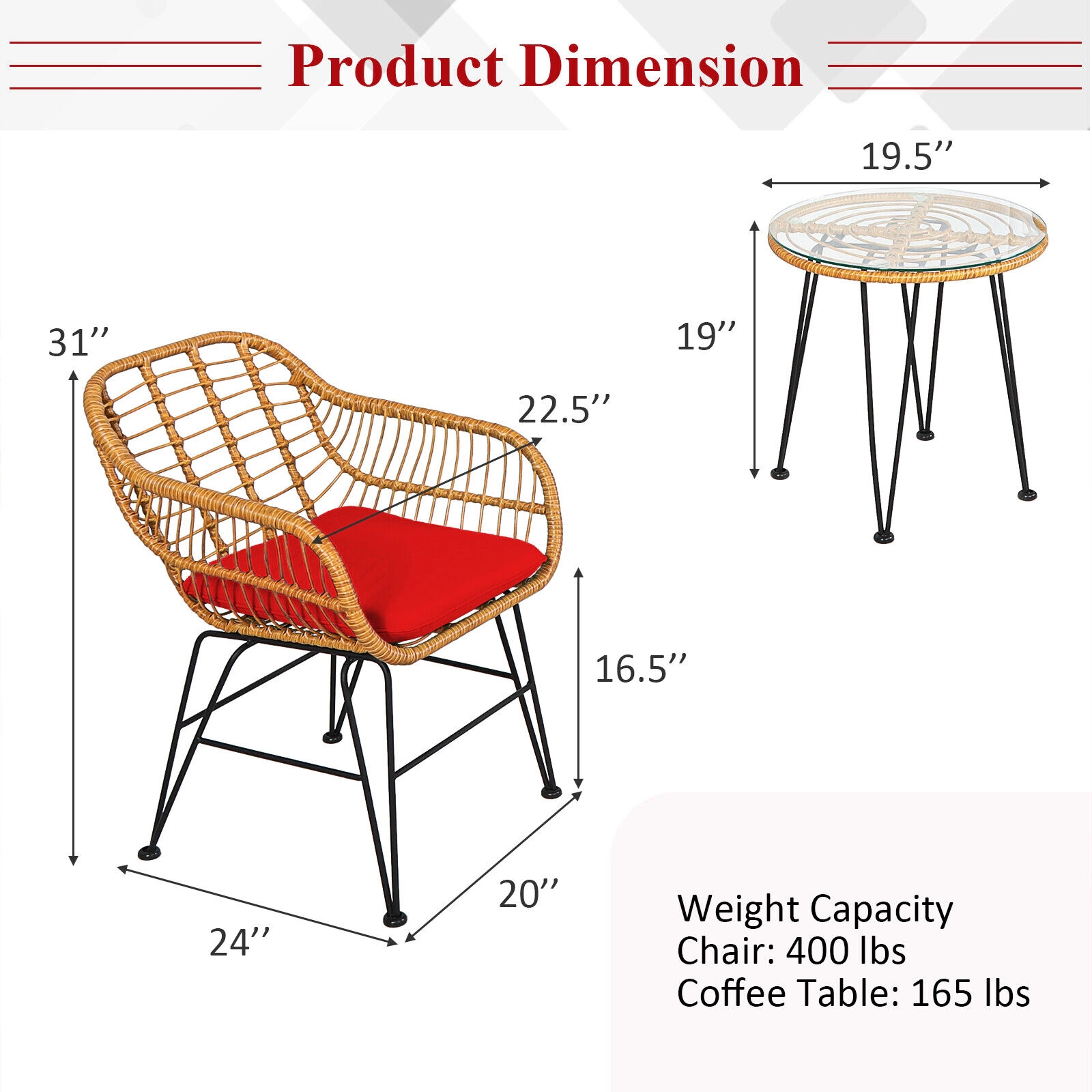 SUGIFT 3-Piece Red Wicker Patio Conversation Set with Cushions and Round Tempered Glass Table