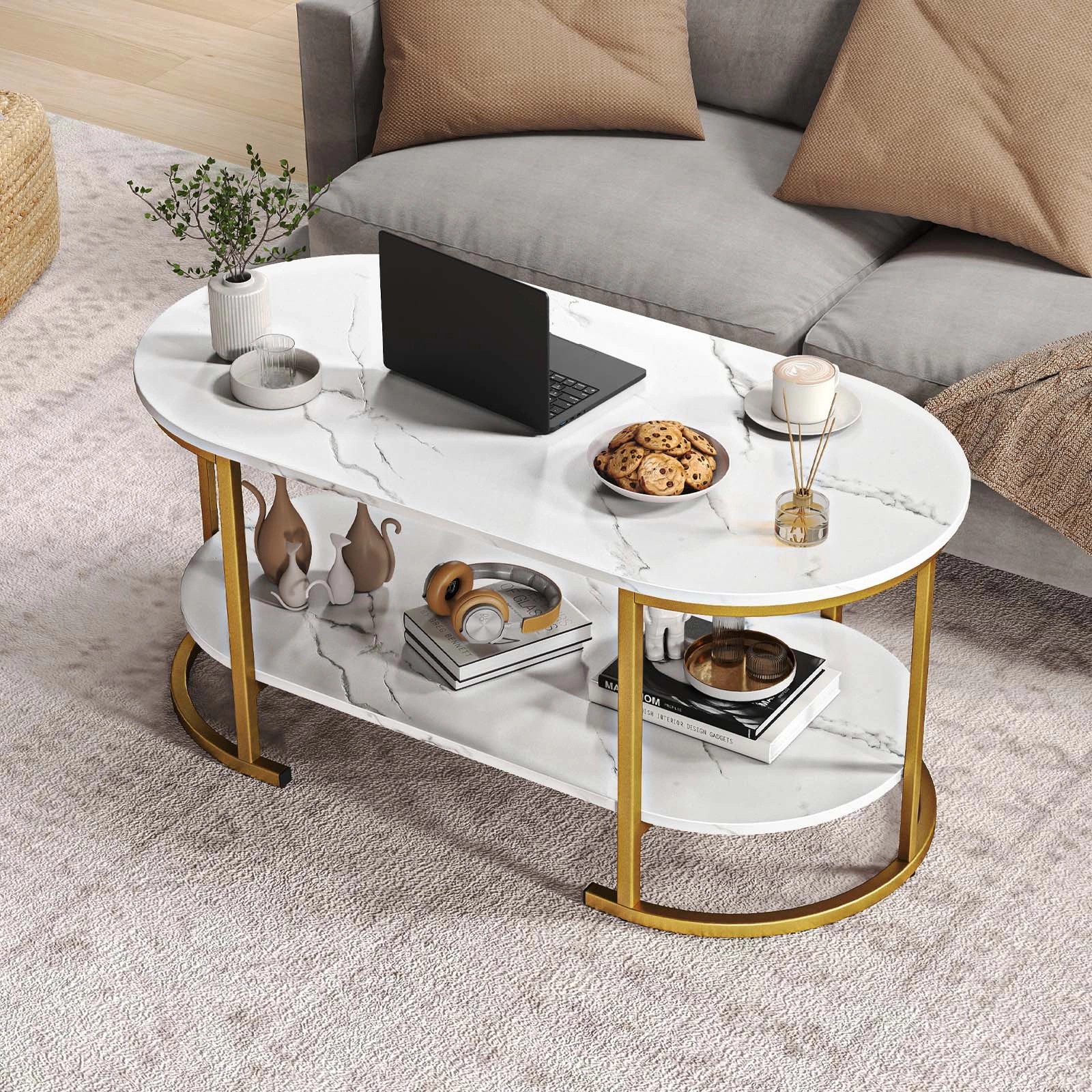 Glintex 2-Tier 39.5-Inch Oval Coffee Table with Metal Frame and Shelf
