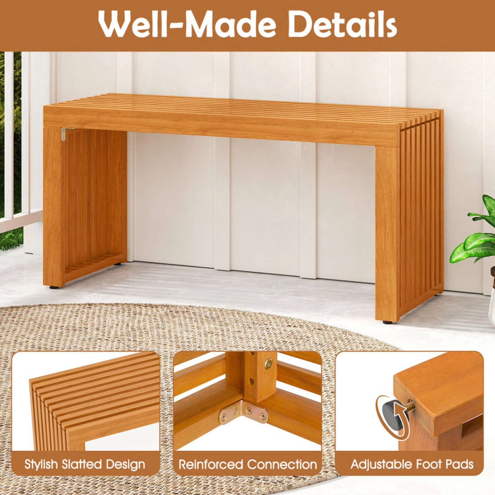 SUGIFT Teak Adjustable Foot Pads 36 Inch Patio Bench All-Slat Acacia Wood Backless Loveseat