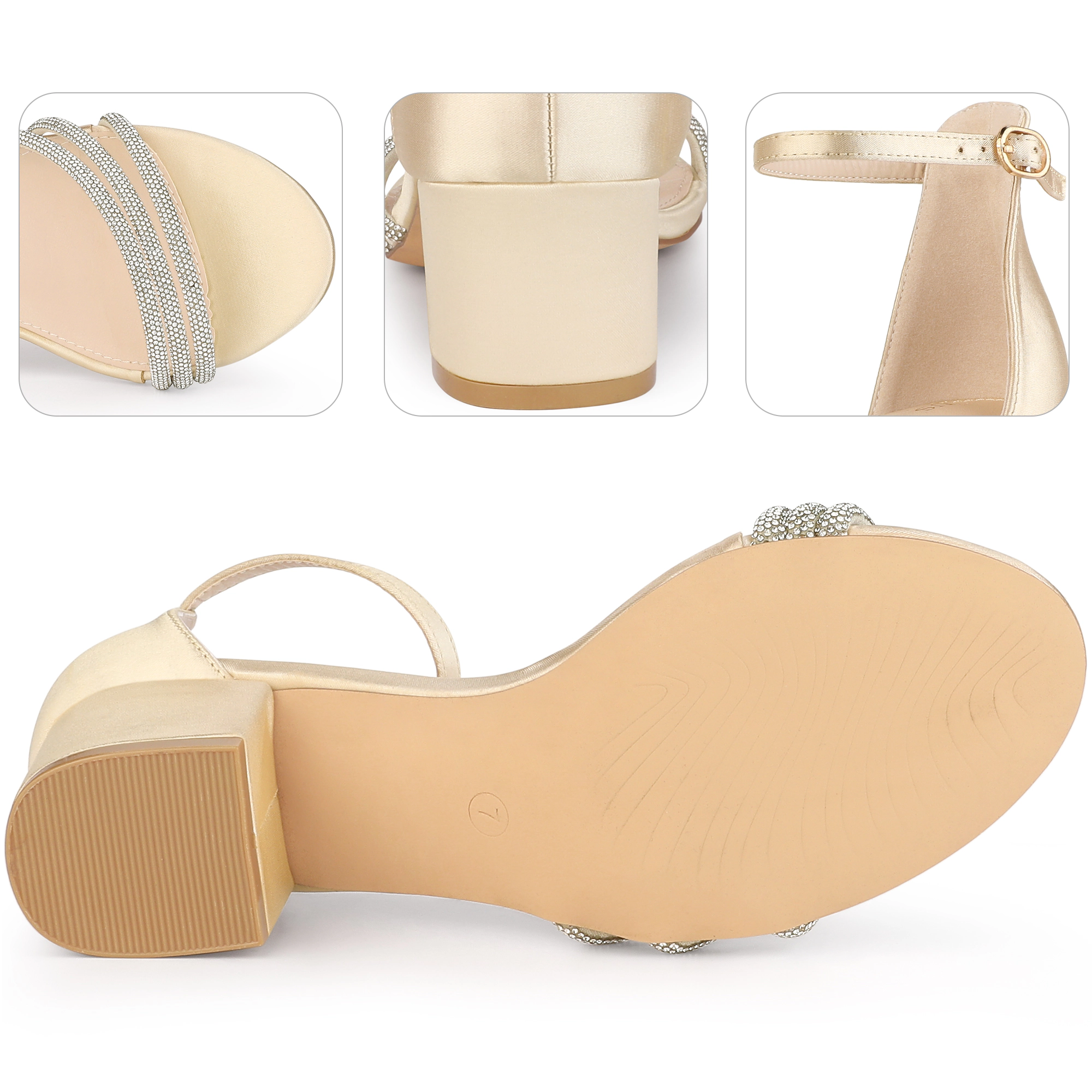 BLISSFUL STEP Women's Satin Rhinestones Open Toe Chunky Heel Sandals