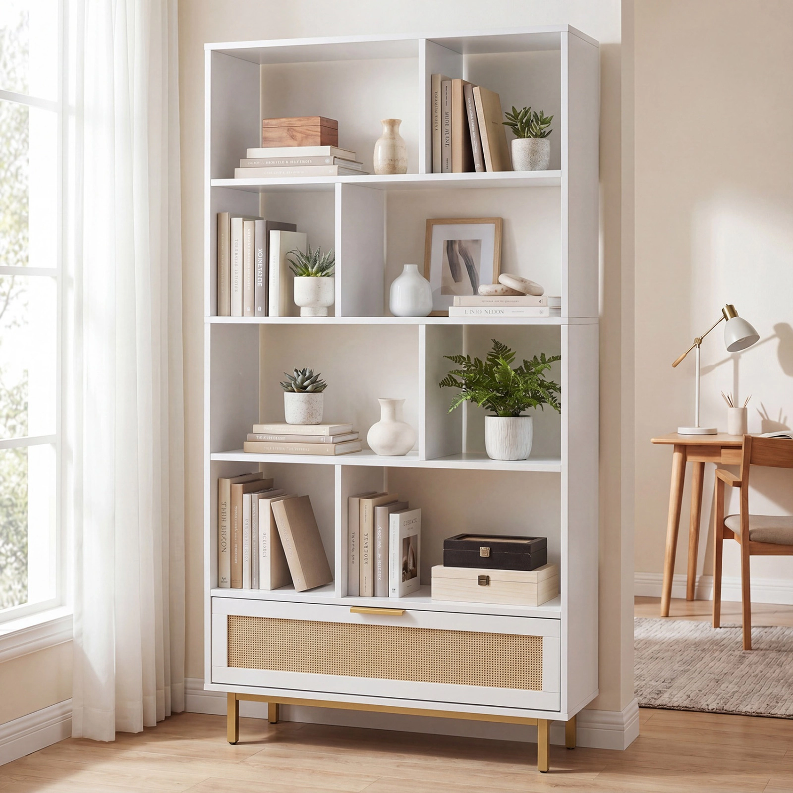 SUGIFT 6-Tier White 64-in Tall Boho Rattan Bookshelf with 8 Open Cubes Storage Drawer and Metal Legs