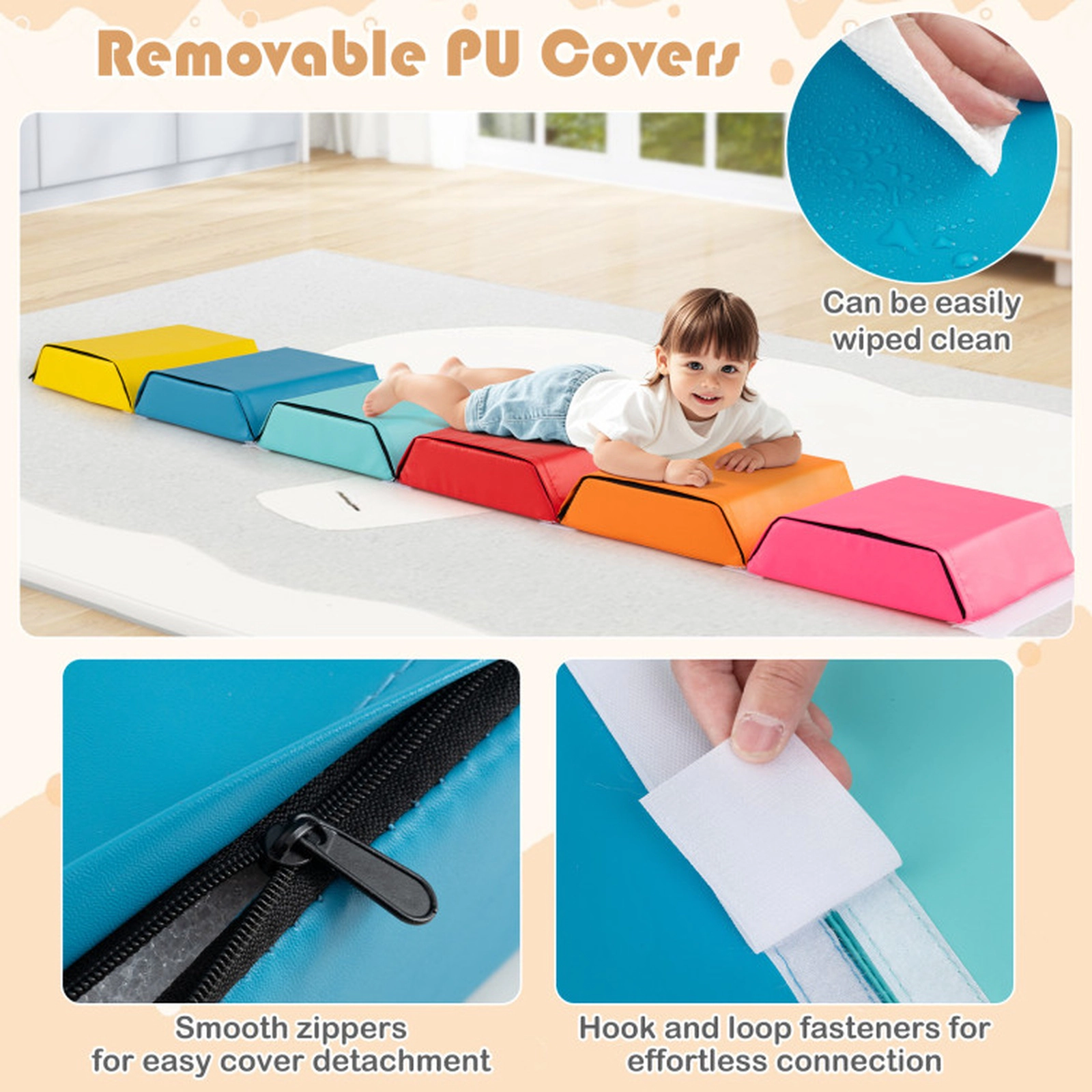 SUGIFT 6-Piece Hexagon Foam Ball Pit and Kids Exercise Mat with Detachable PU Covers and Crawl Tunnel