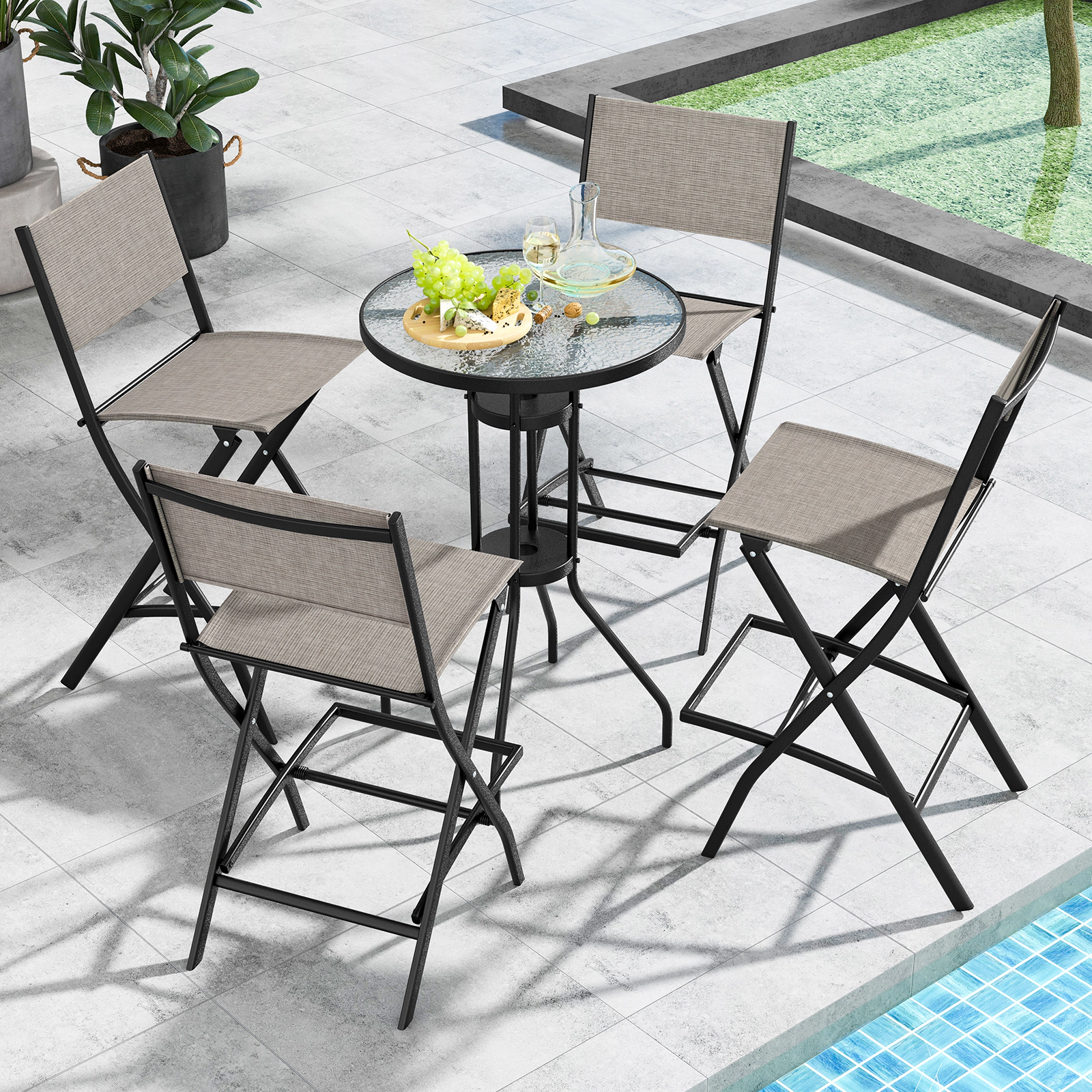 SUGIFT Outdoor Folding Bar Stool Set with Footrest 330-Lb Capacity 28-in Seat Height Blue Coffee