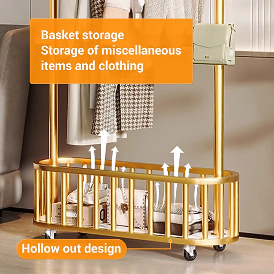 BebreezChic 315in Floor Clothes Rack with Storage Basket, Mobile, Hooks, Gold