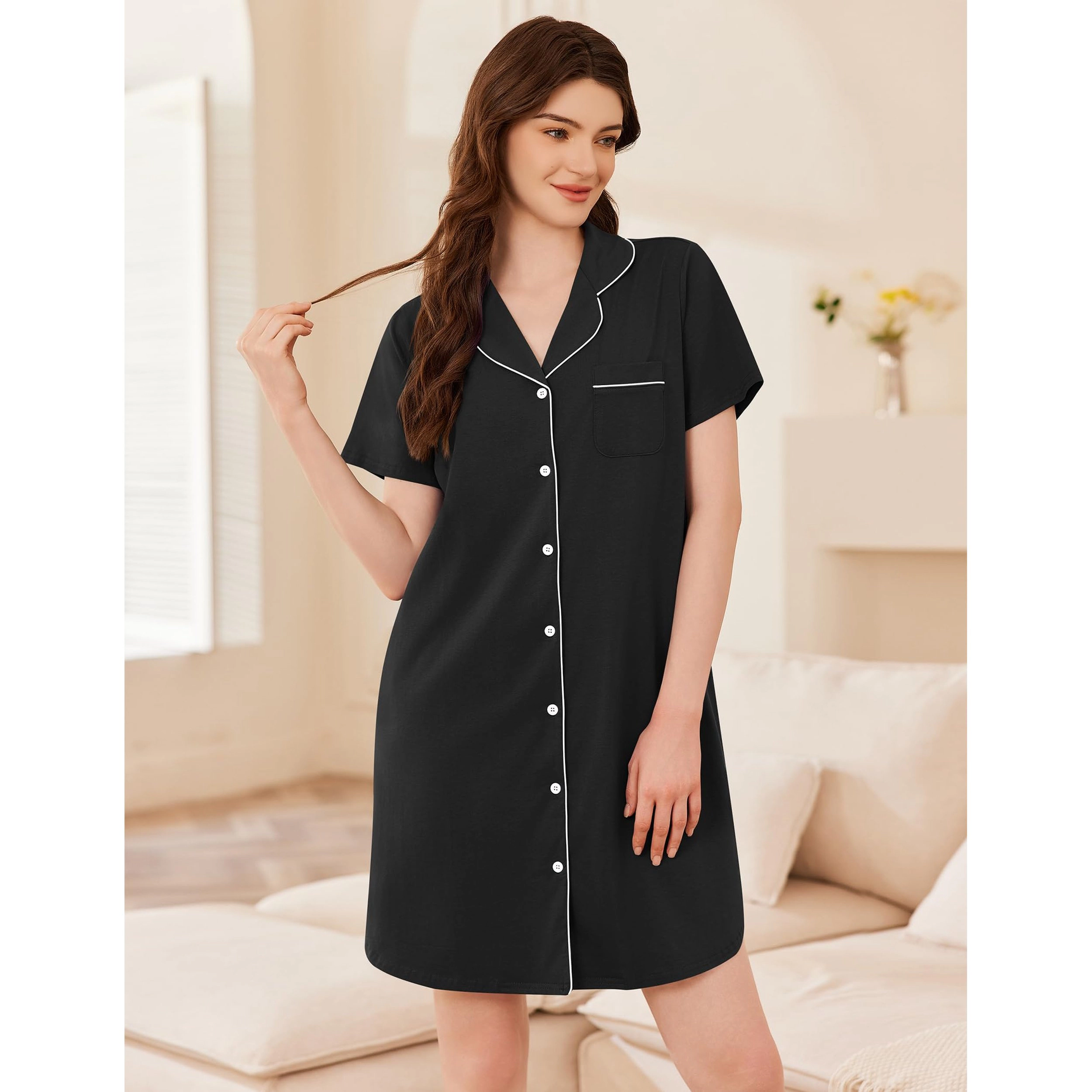 Ekouaer Women's Soft Cotton Button-Down Nightgown with Pockets
