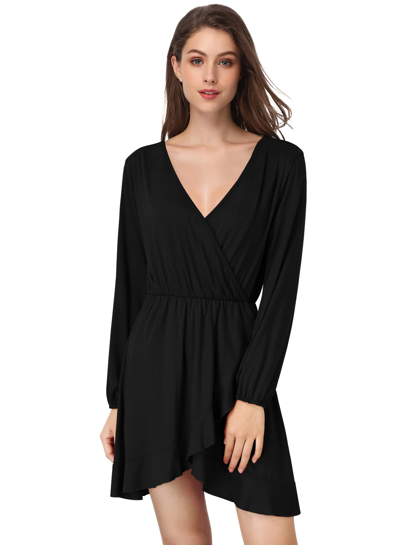 KOJOOIN Women's V-Neck A-line Lightweight Long Sleeve Casual Fall Dress Outfits