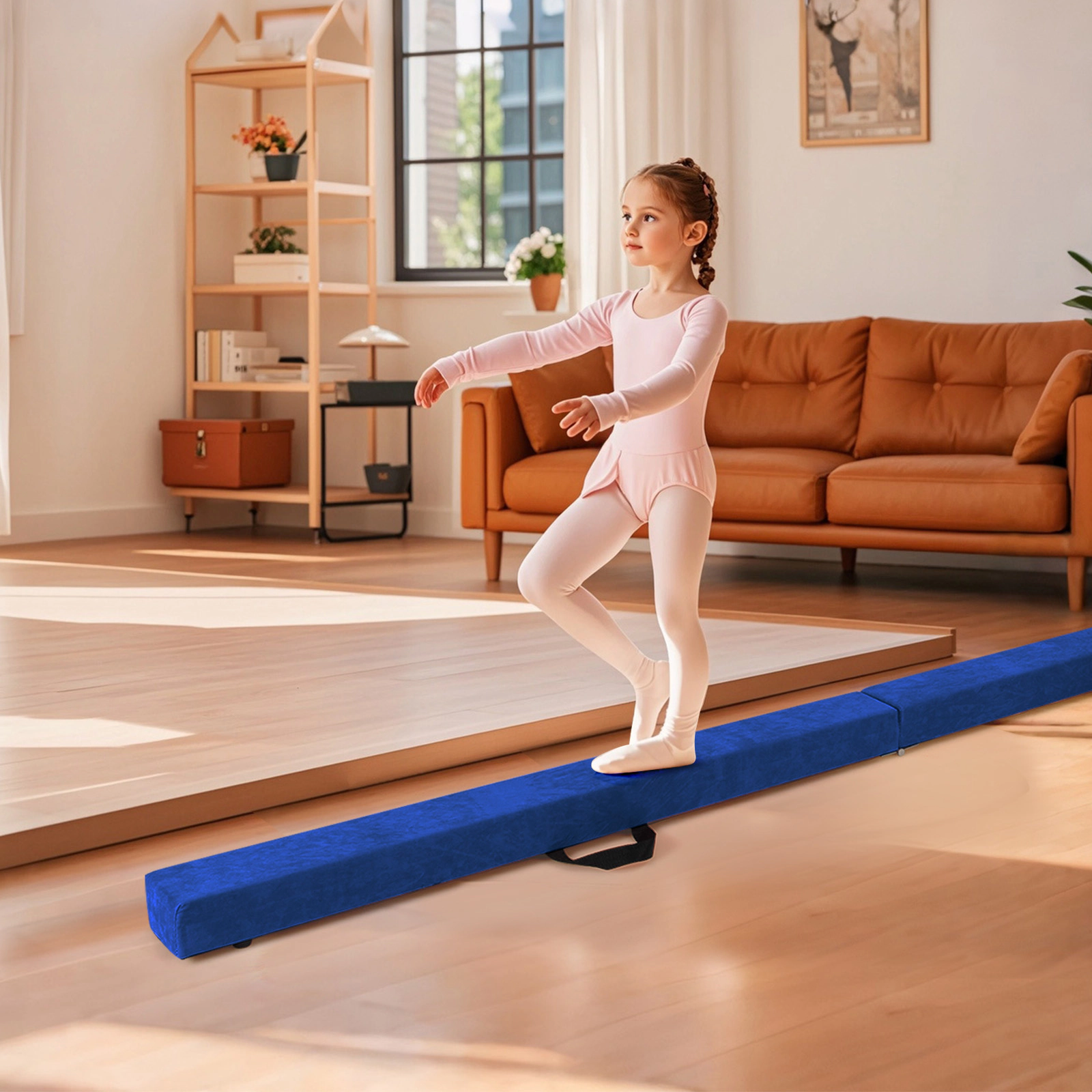 SUGIFT Blue 8-ft 160-lb Capacity Folding Gymnastics Balance Beam with Solid Wood Base and Two Carry Handles