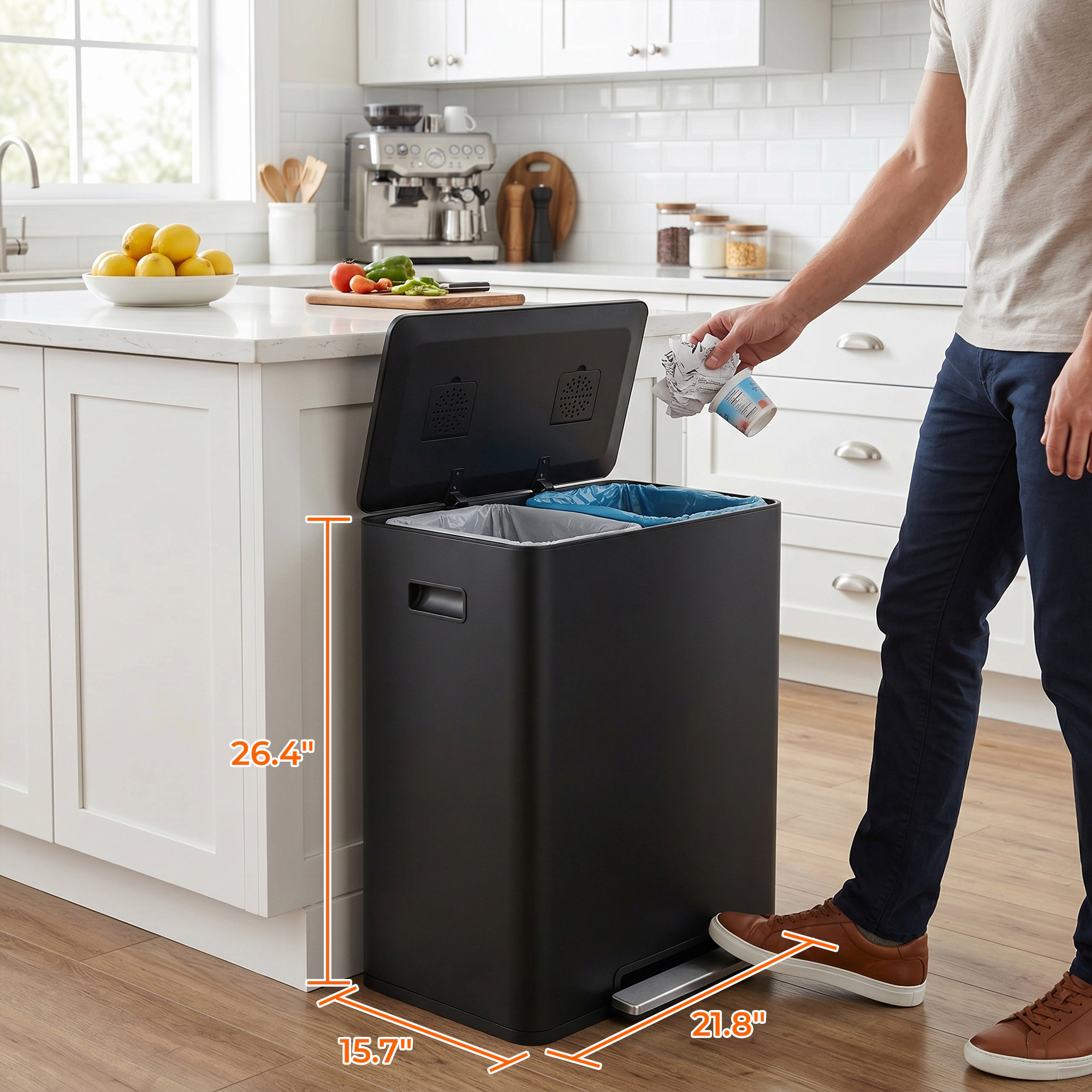 Innovaze Rectangular Stainless Steel Recycle Step-on Trash Can with Dual 30 liter + 30 liter Compartments