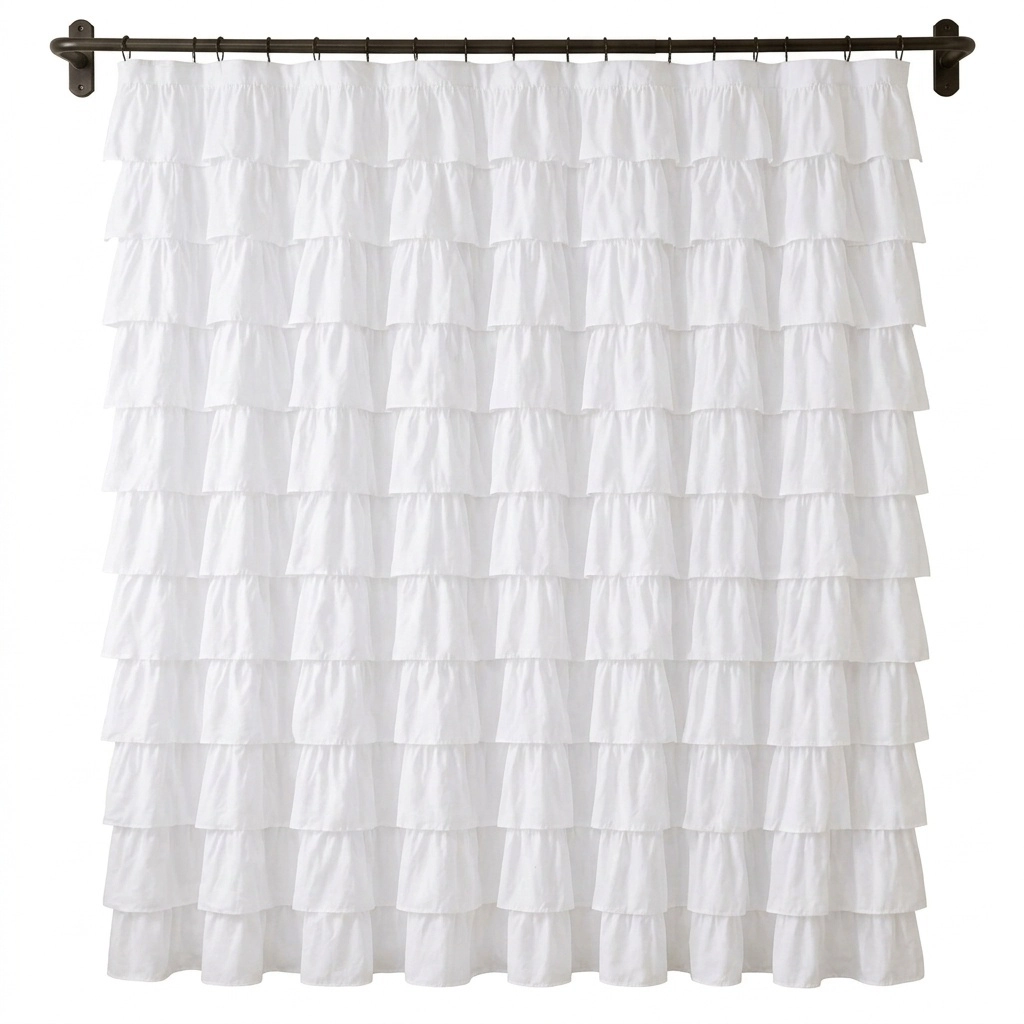 WZK White Ruffle Soft Microfiber Farmhouse Romantic Boho Style Machine Washable with Hooks Shower Curtain