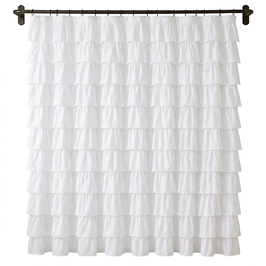 WZK White Ruffle Soft Microfiber Farmhouse Romantic Boho Style Machine Washable with Hooks Shower Curtain