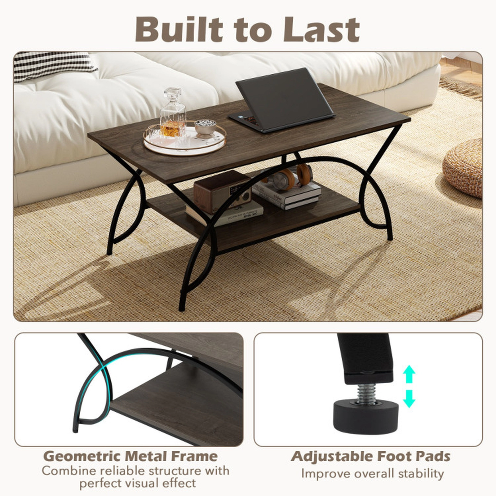 SUGIFT 2-Tier Wood Grain Top Arched Black Steel Frame Coffee Table 39.5-in x 19.5-in x 18-in 110-lb Capacity Oak