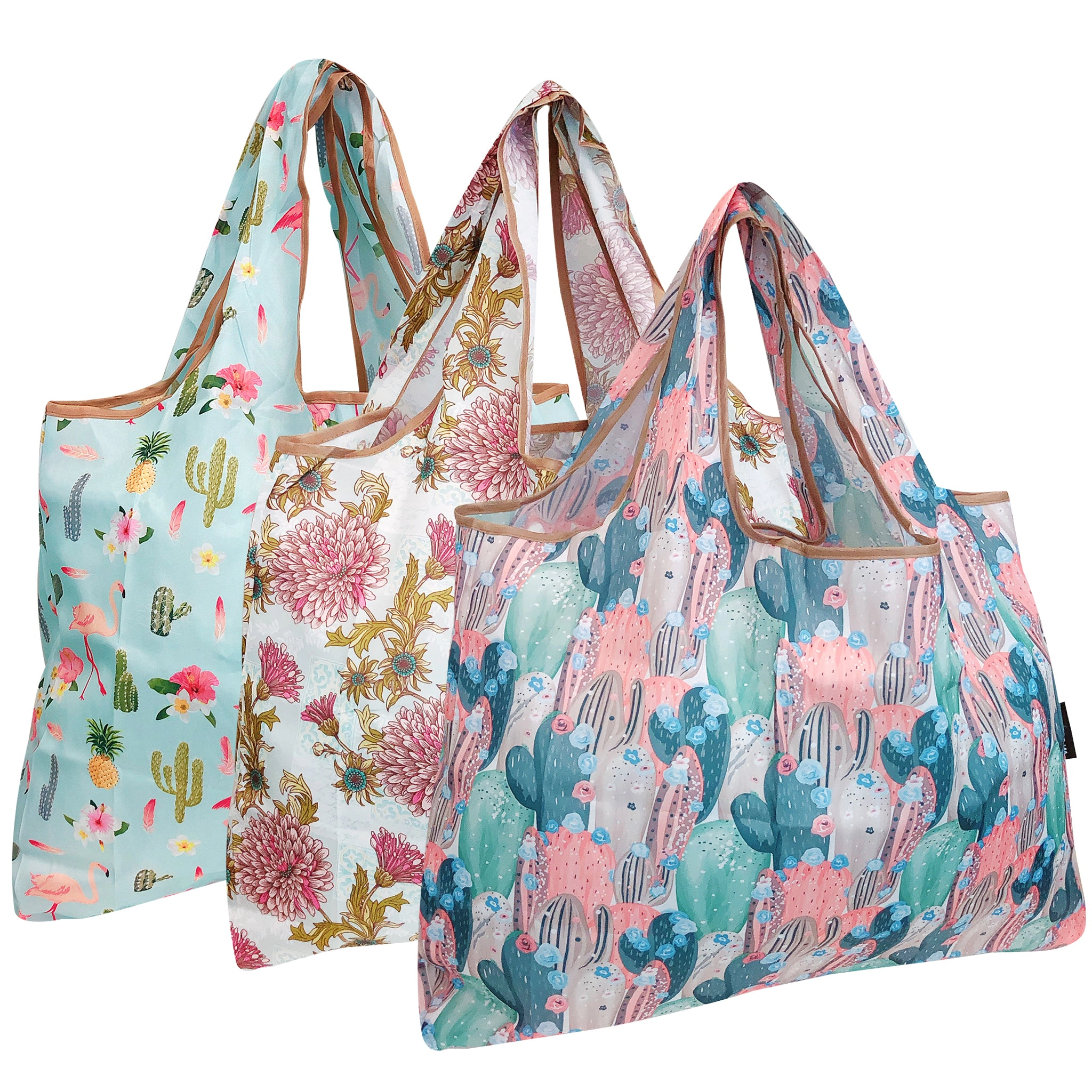 Wrapables Large Nylon Reusable Shopping Bags for Groceries (Set of 3), Cacti & Chrysanthemums