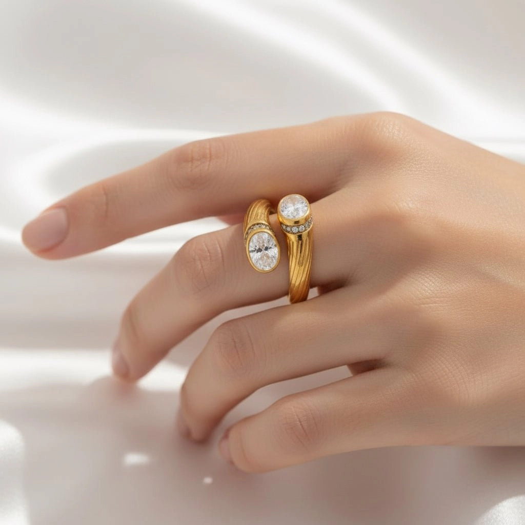 DressAtR Women's Oval Zircon 18K Gold Plated Open Ring