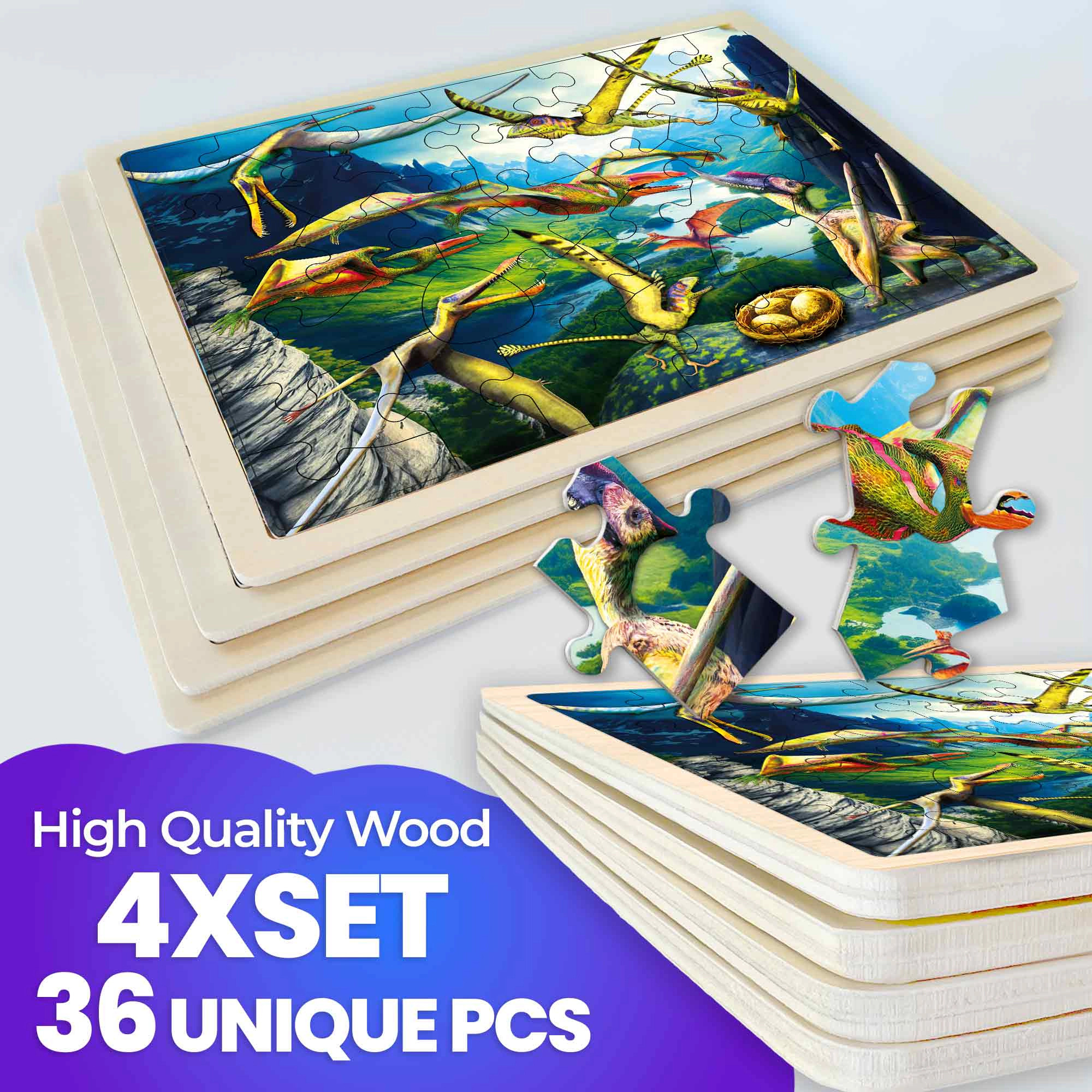 QUOKKA Montessori Wooden Jigsaw Puzzles, 24, 36 & 48 Piece Puzzle Set for Kids, Animals Dinosaurs, Ages 3+