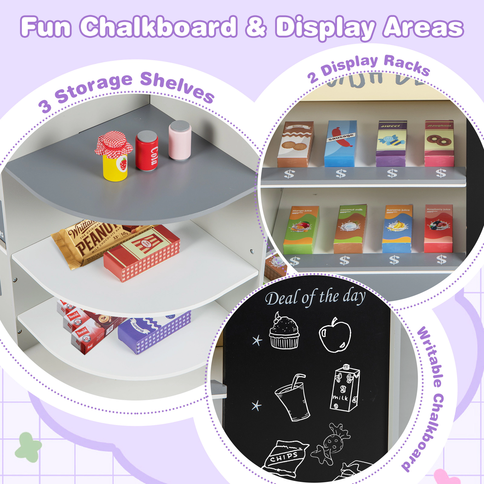 Kids Grocery Store Playset with Toy Cash Register Scanner Card Reader and 13-pc Toy Food 35-in x 22.5-in x 34.5-in Gray